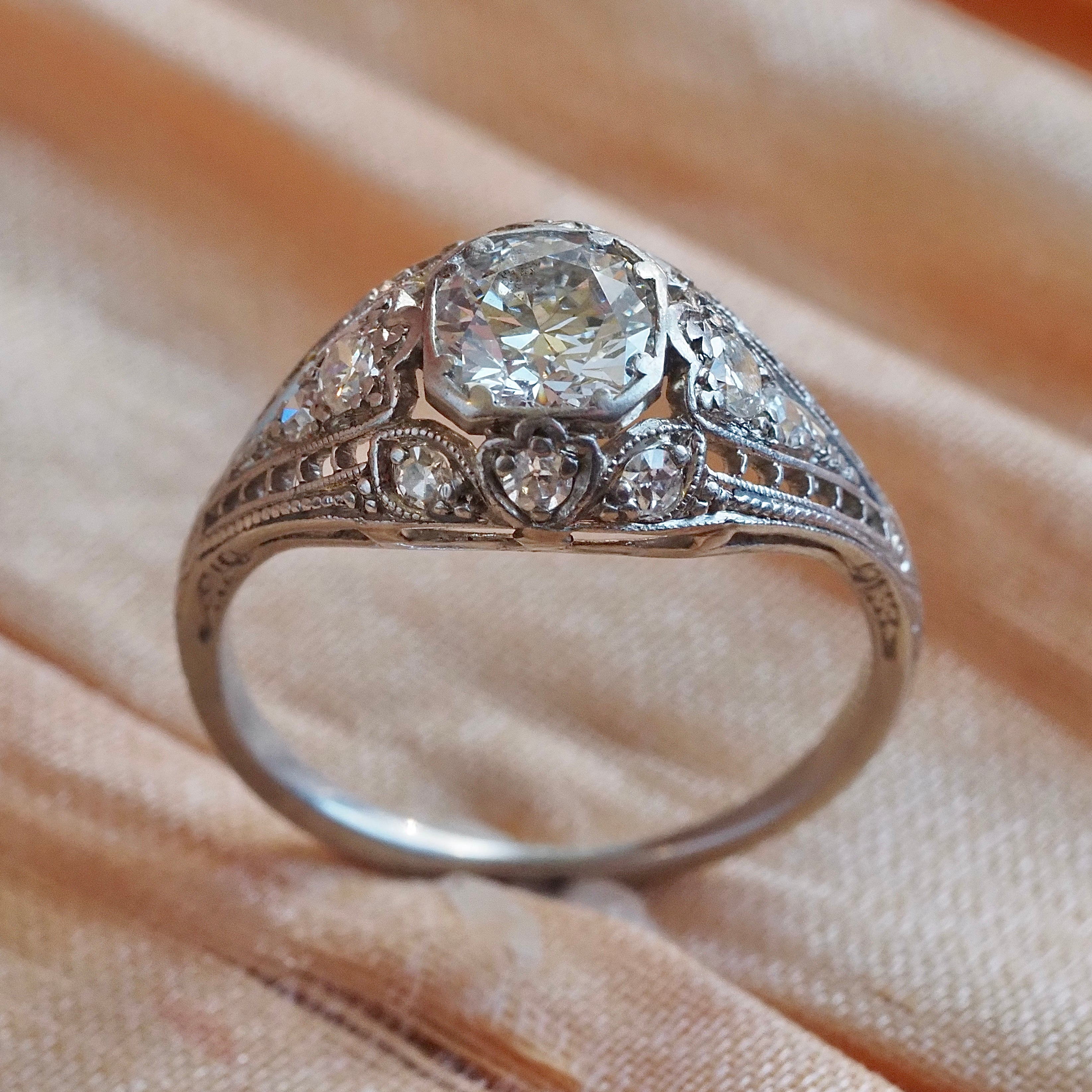 Antique Art Deco Platinum Old European Cut Diamond Engagement Ring