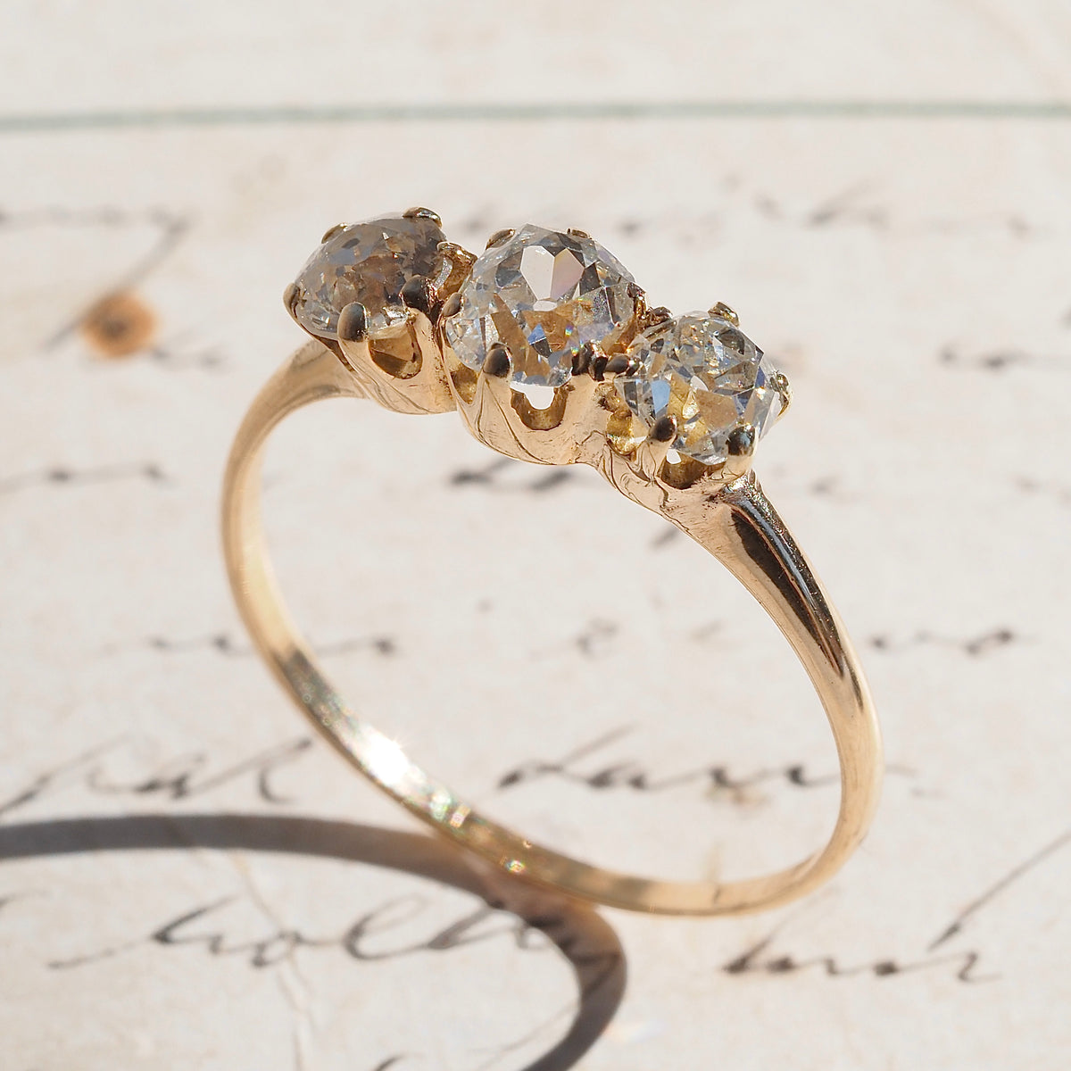 Antique Trilogy Old Mine Cut Diamond 14k Gold Engagement Ring