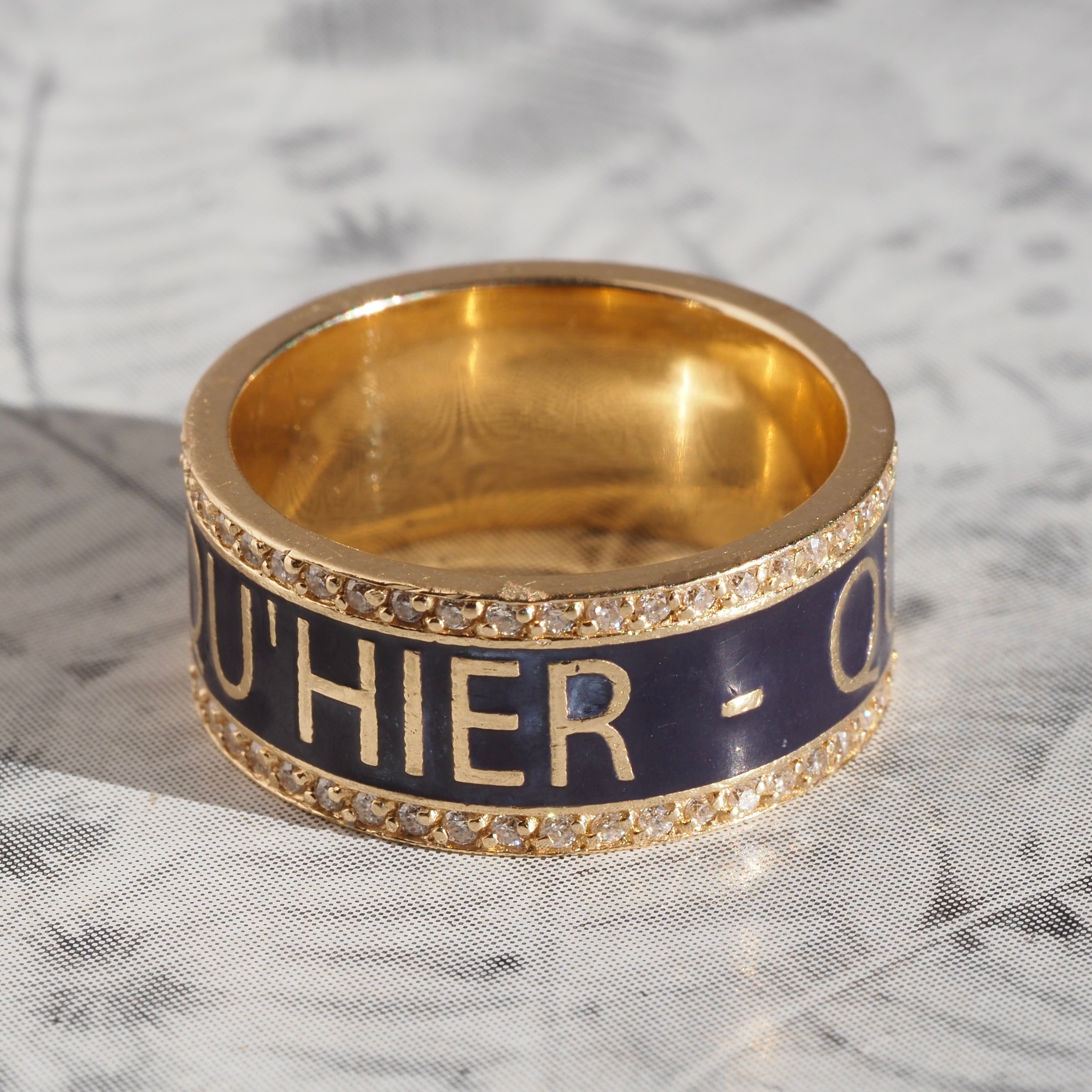 Qu'hier Que Demain "More Than Yesterday, Less Than Tomorrow" Blue Enamel and Diamond 14k Gold Band