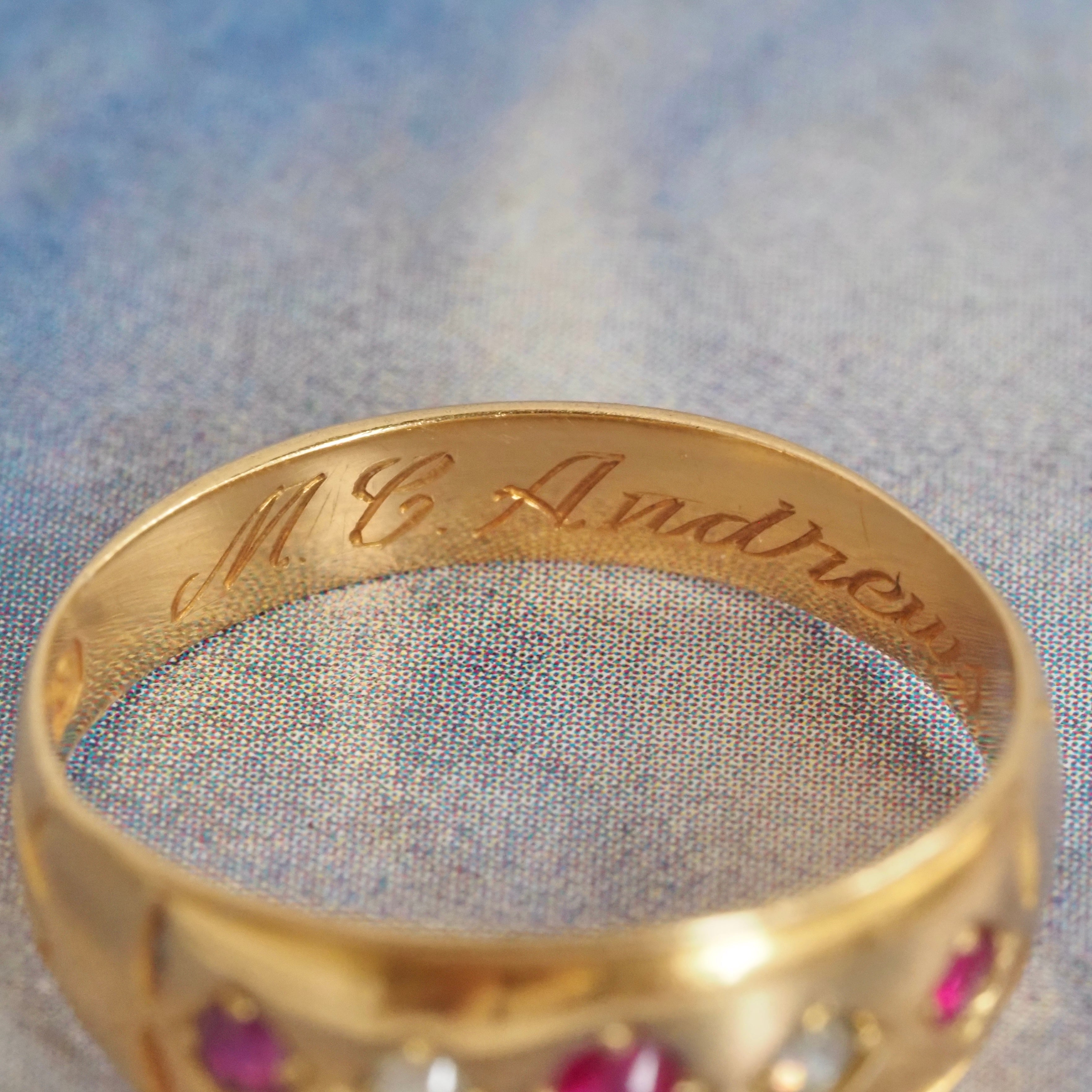 Antique English 18k Gold Natural Ruby and Rose Cut Diamond Flush Set Ring