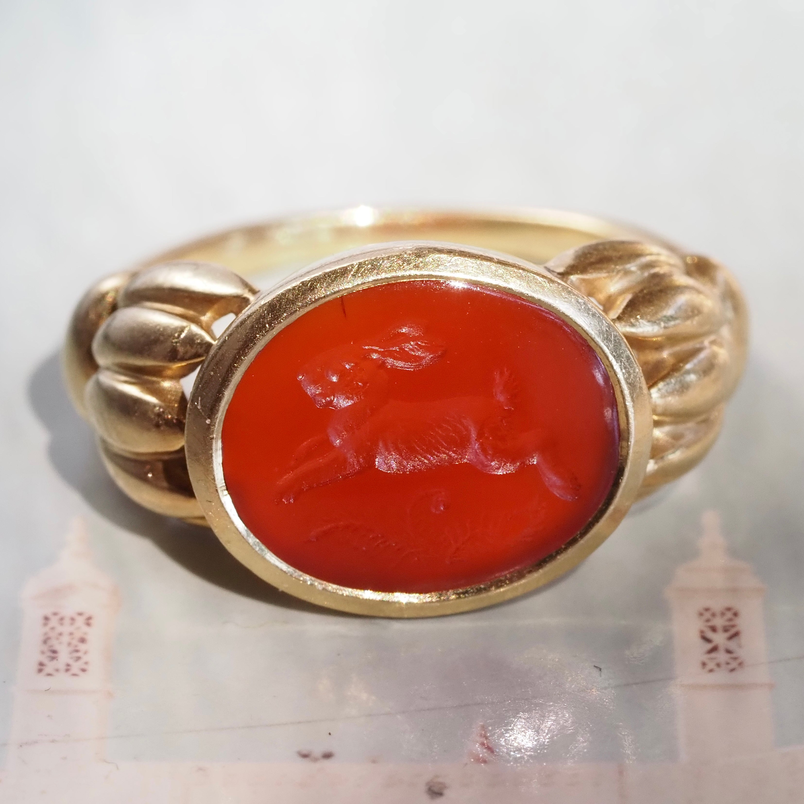 Vintage Carnelian Rabbit Intaglio 18k Gold Signet Ring