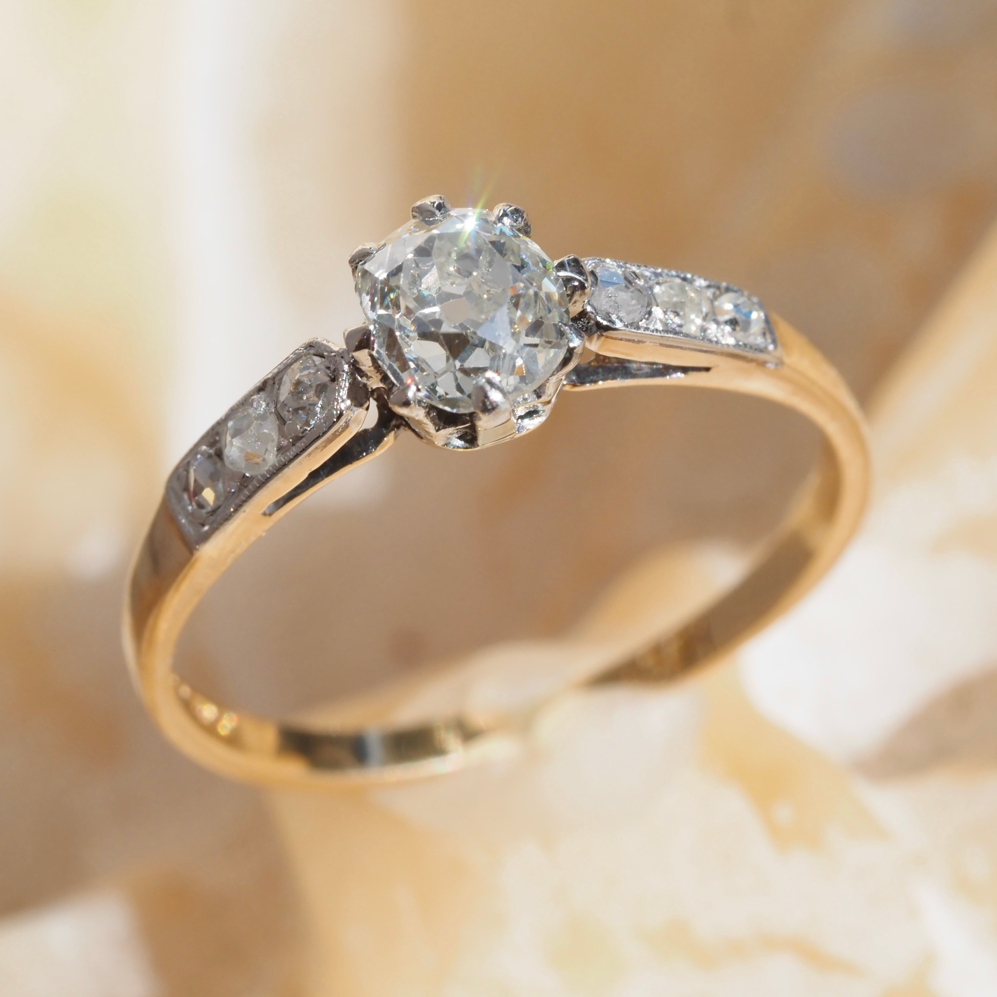 Antique English Edwardian c. 1900 Old Mine Cut Diamond 14k Gold Engagement Ring