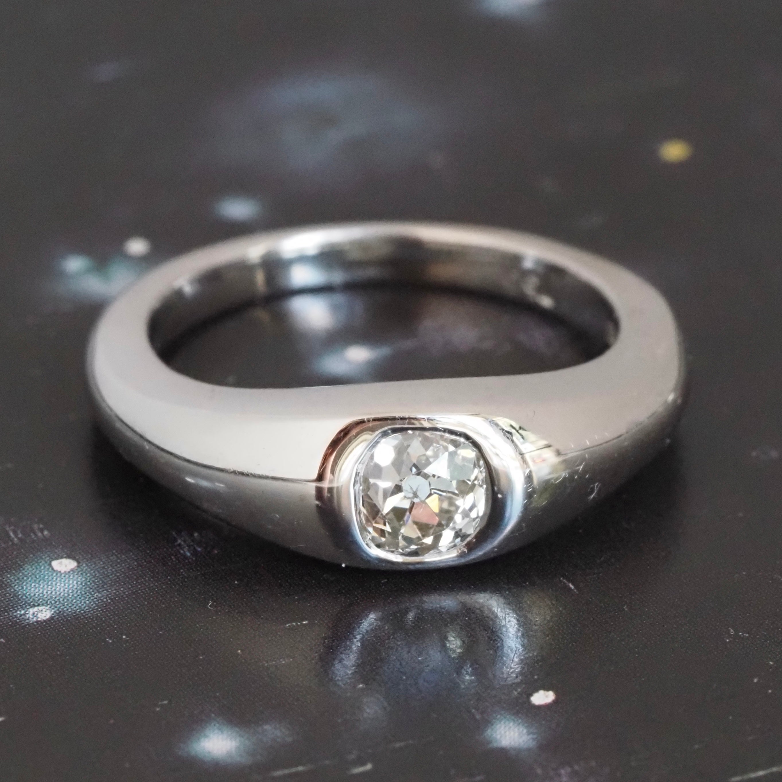 Vintage Old Mine Cushion Cut Diamond Flush Set 18k White Gold Engagement Ring