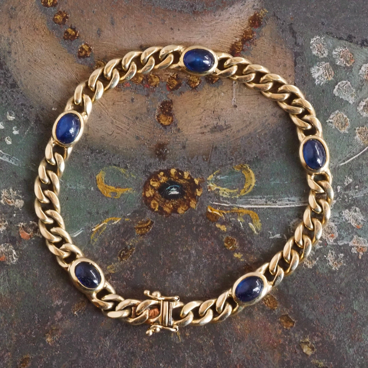 Bracelet Vintage Doré Avec Strass Et Cabochons Bleu Saphir - Longueur 19 Cm - Alliage - Occasion
