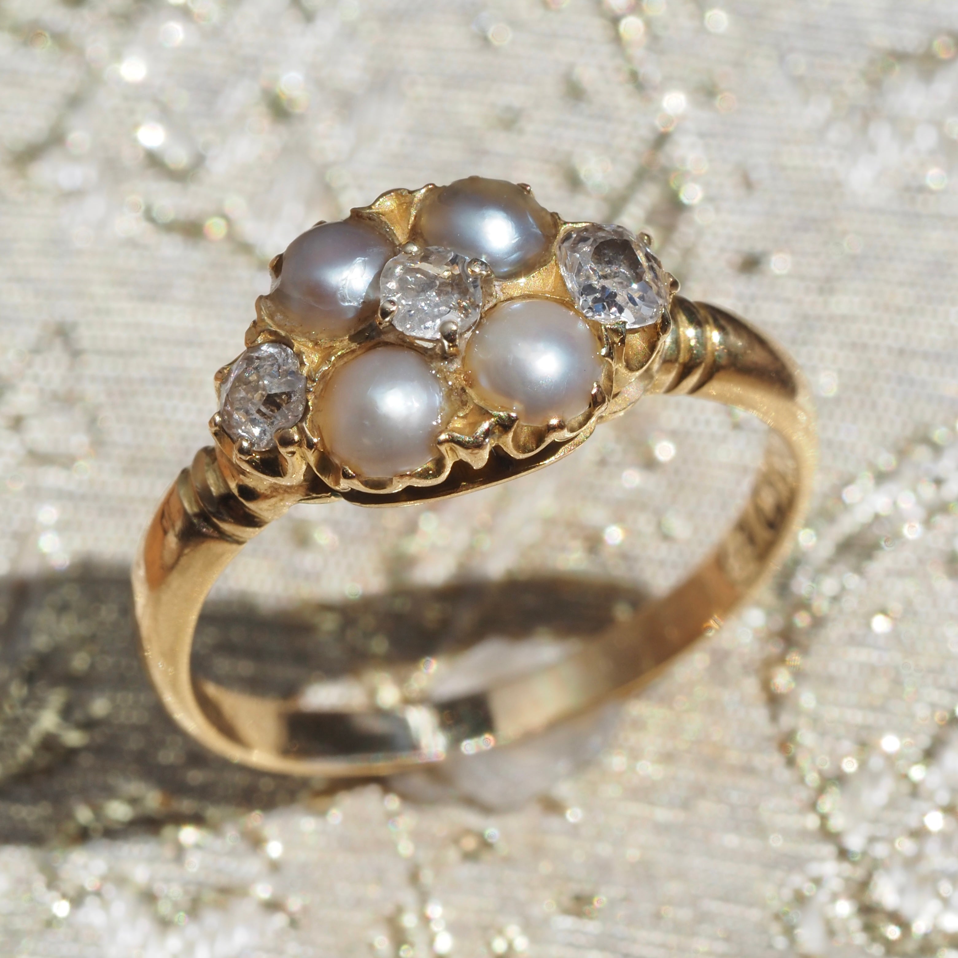 Early Victorian English Natural Grey Pearl Old Mine Cut Diamond Cluster 18k Gold Ring