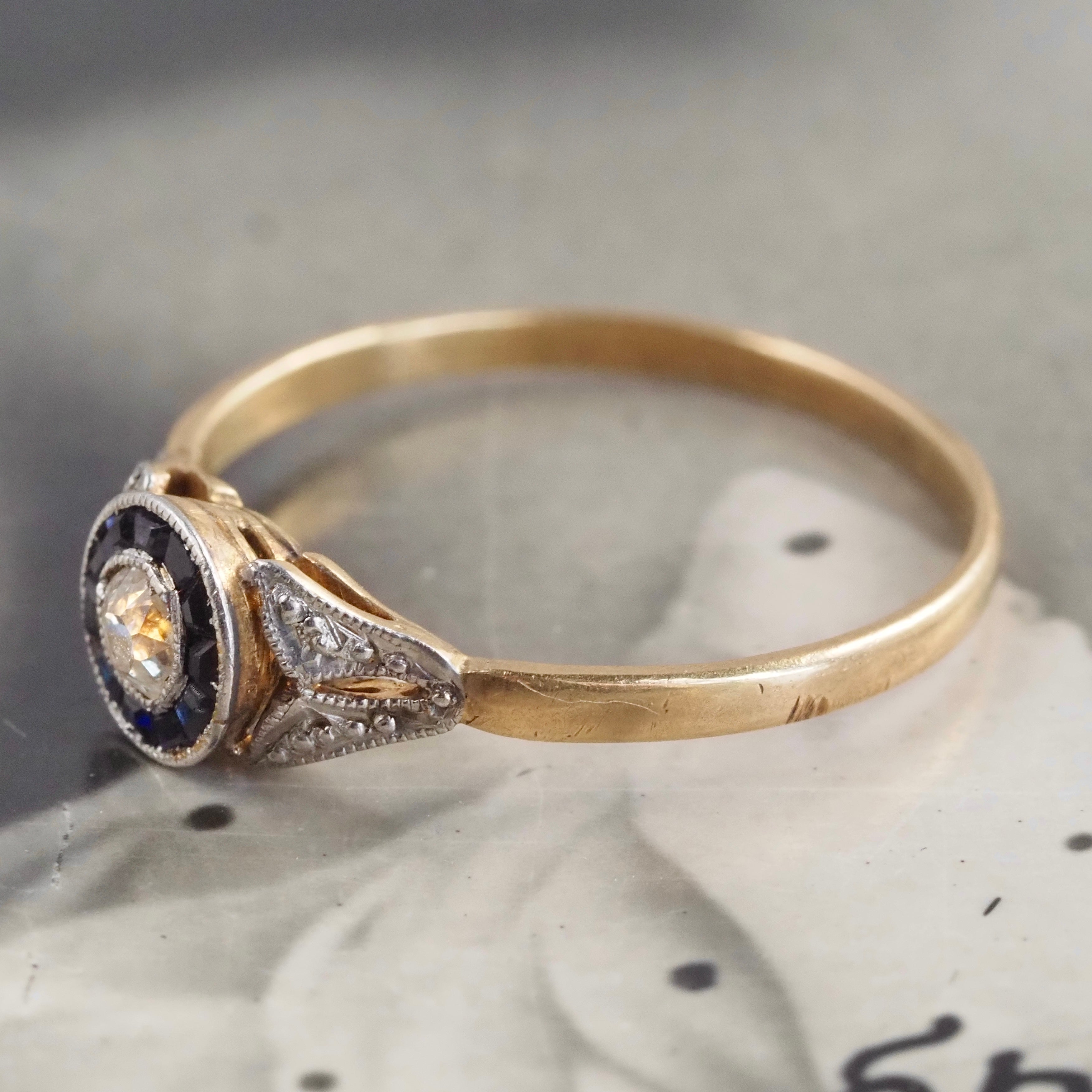 Early Art Deco Sapphire Old Mine Cut Diamond Bullseye 18k Gold Ring