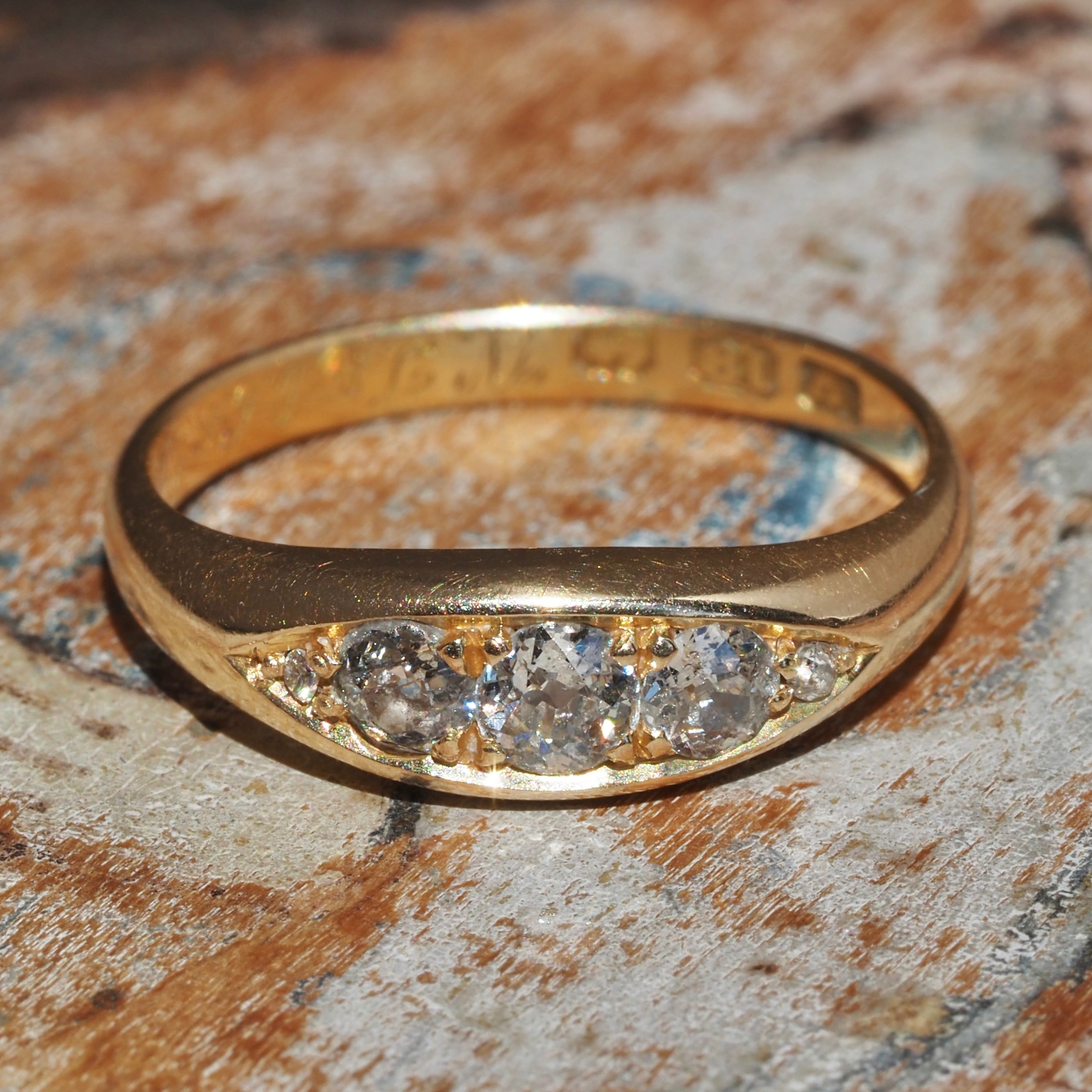 Antique English c. 1902 Old Mine Cut Diamond Five Stone 18k Gold Boat Engagement Ring