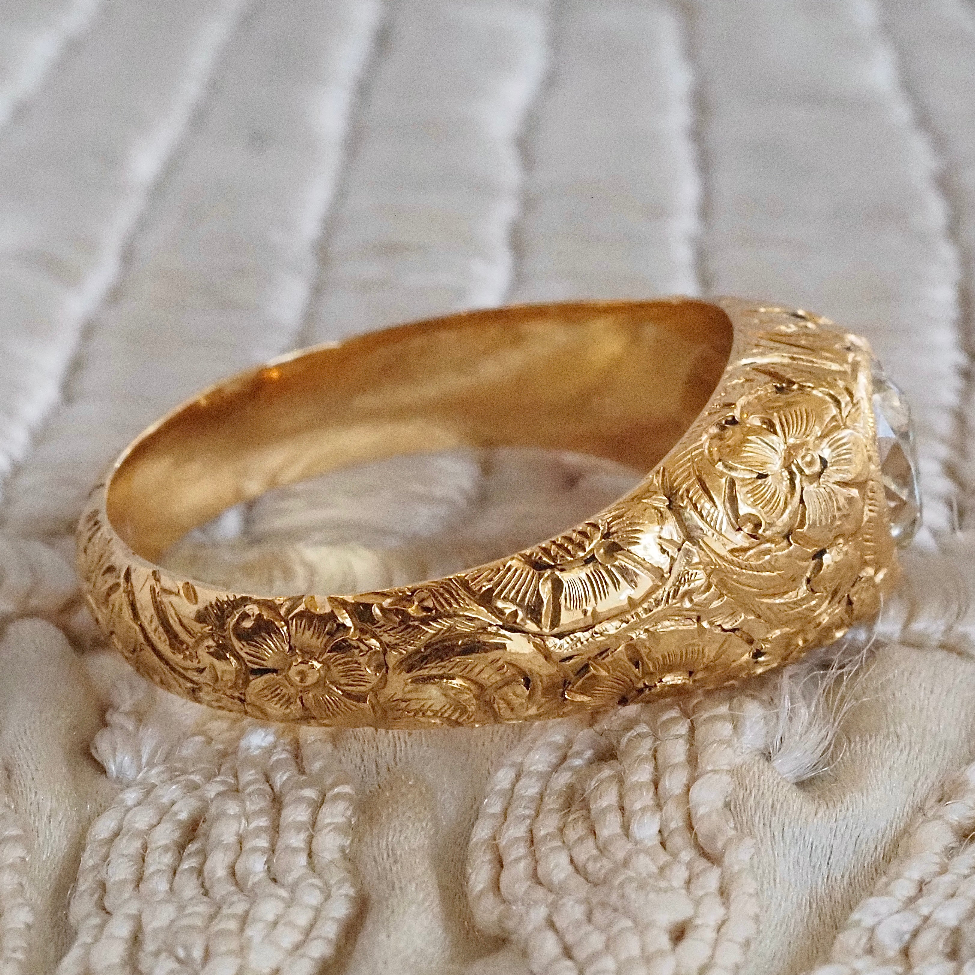 Vintage Portuguese Floral Engraved 19k Gold Old European Cut Diamond Ring