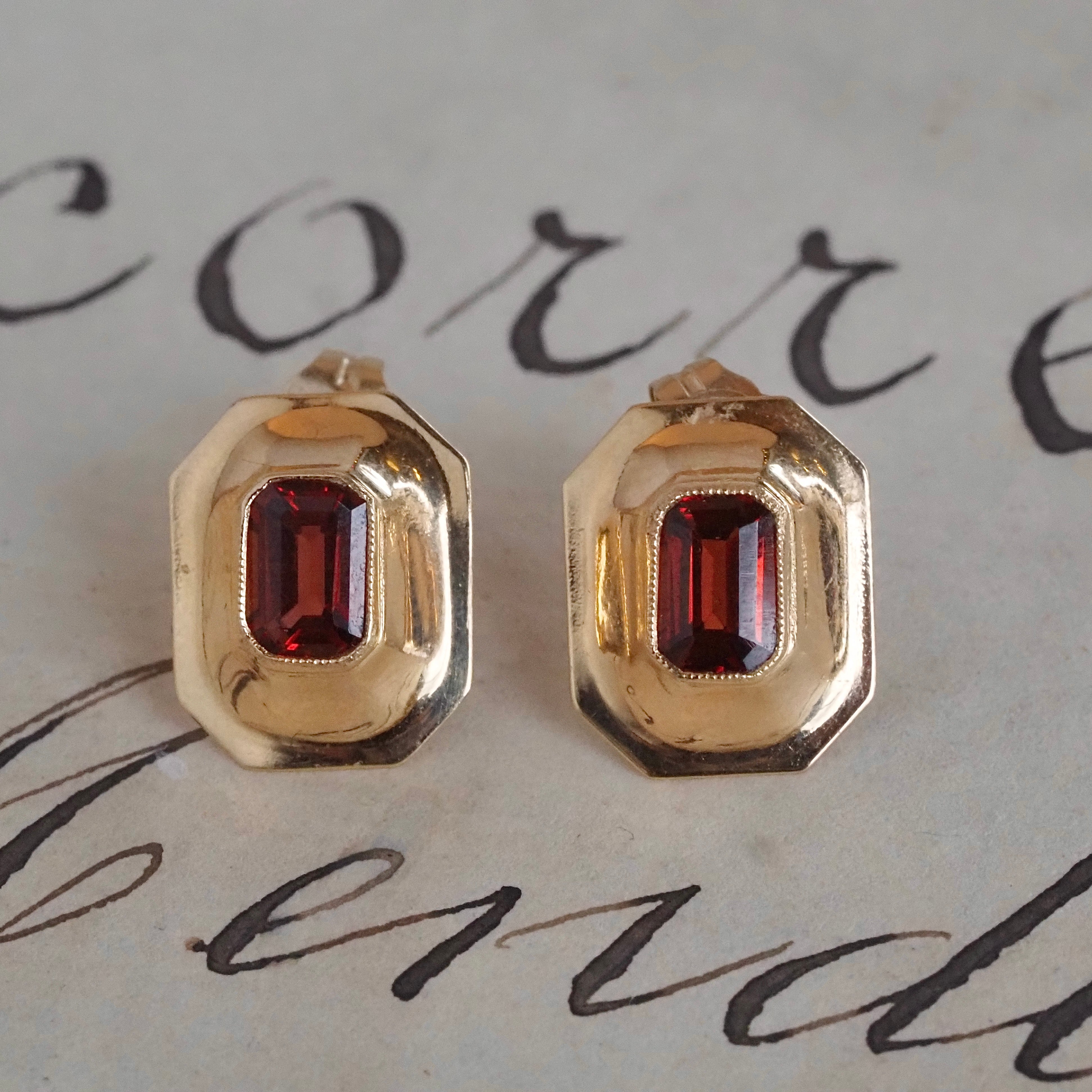 Vintage Bezel Set Garnet 14k Gold Studs