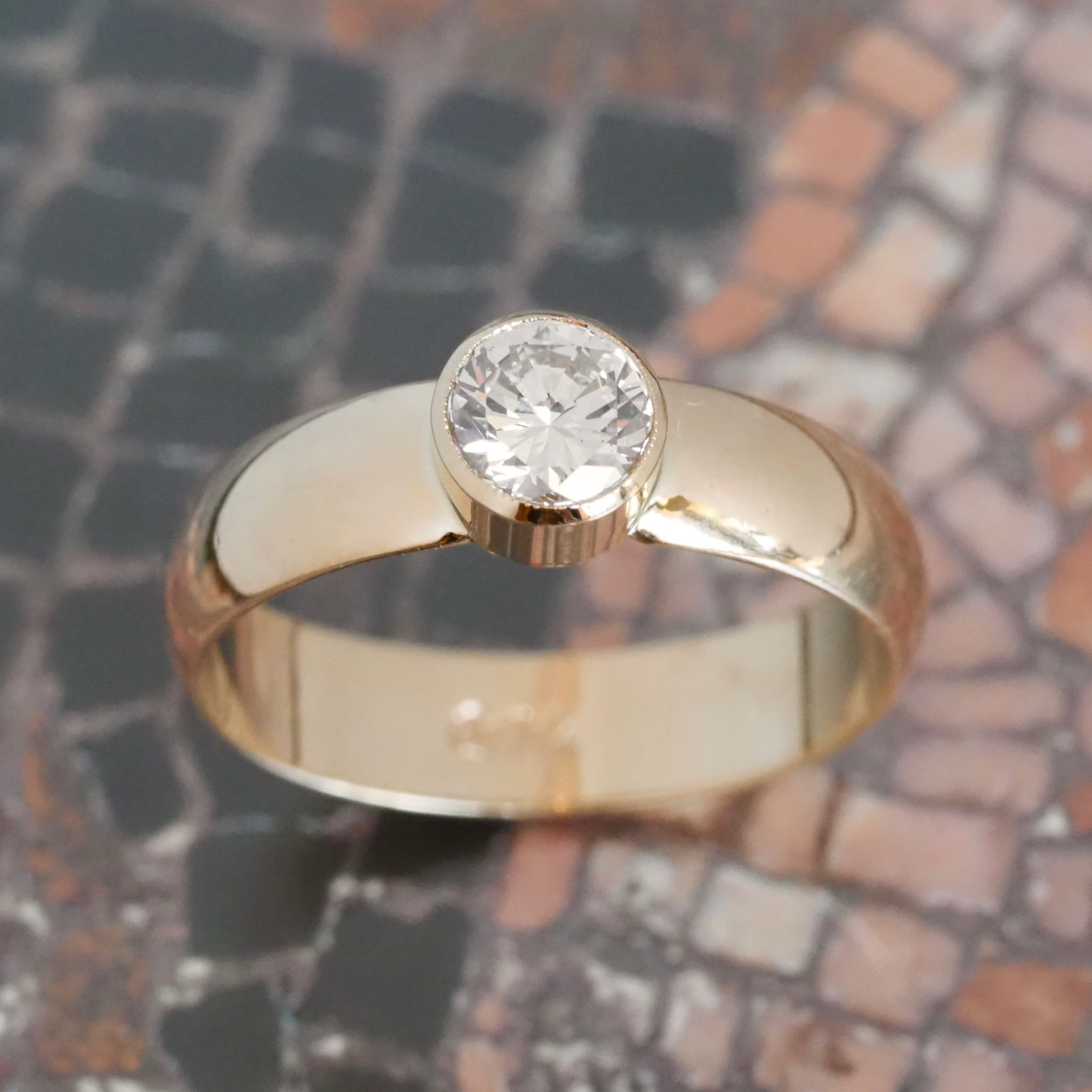 Round Brilliant Cut Bezel Set Diamond 14k Gold Engagement Ring