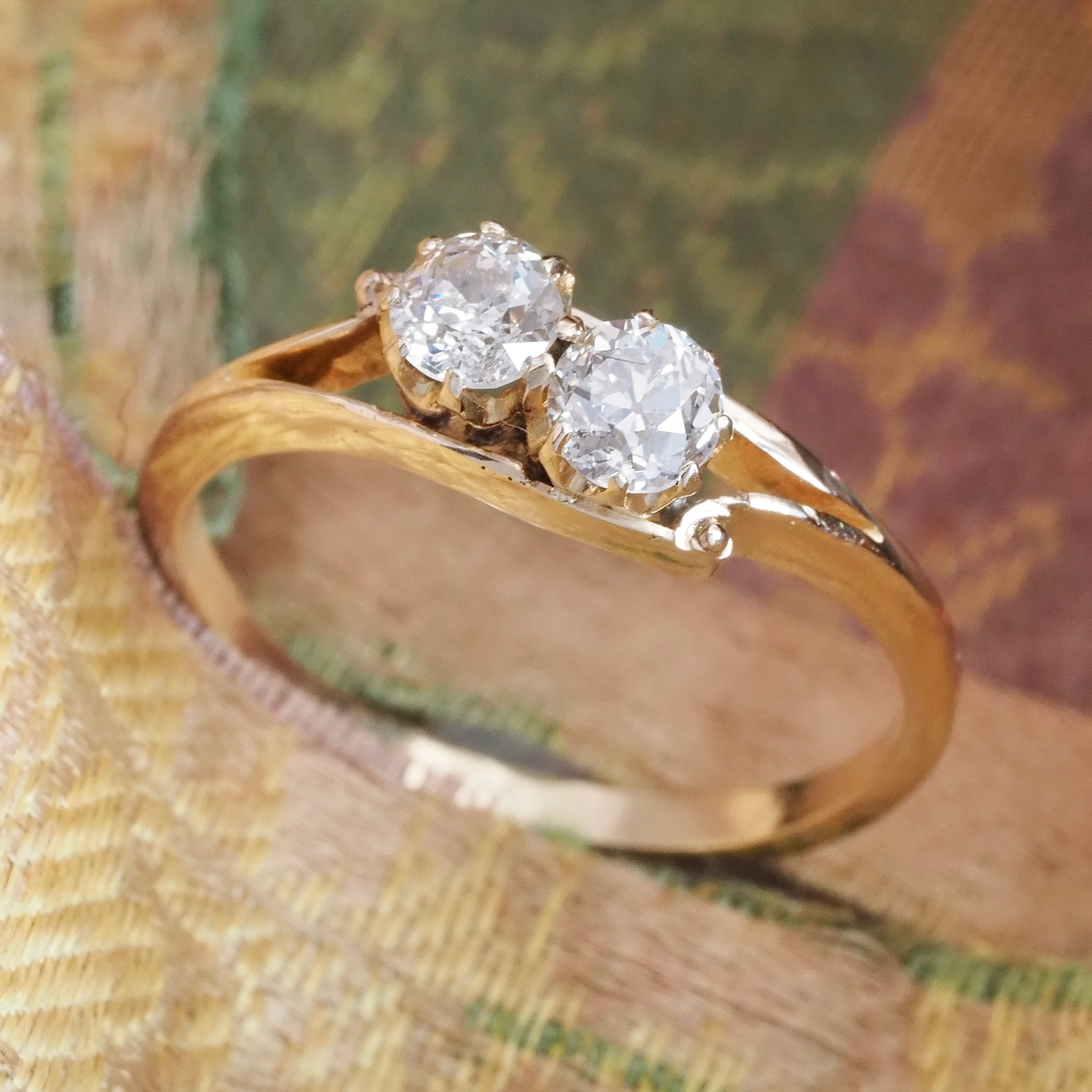 Antique Art Nouveau English Moi et Toi Old European Cut Diamond 18k Gold Engagement Ring