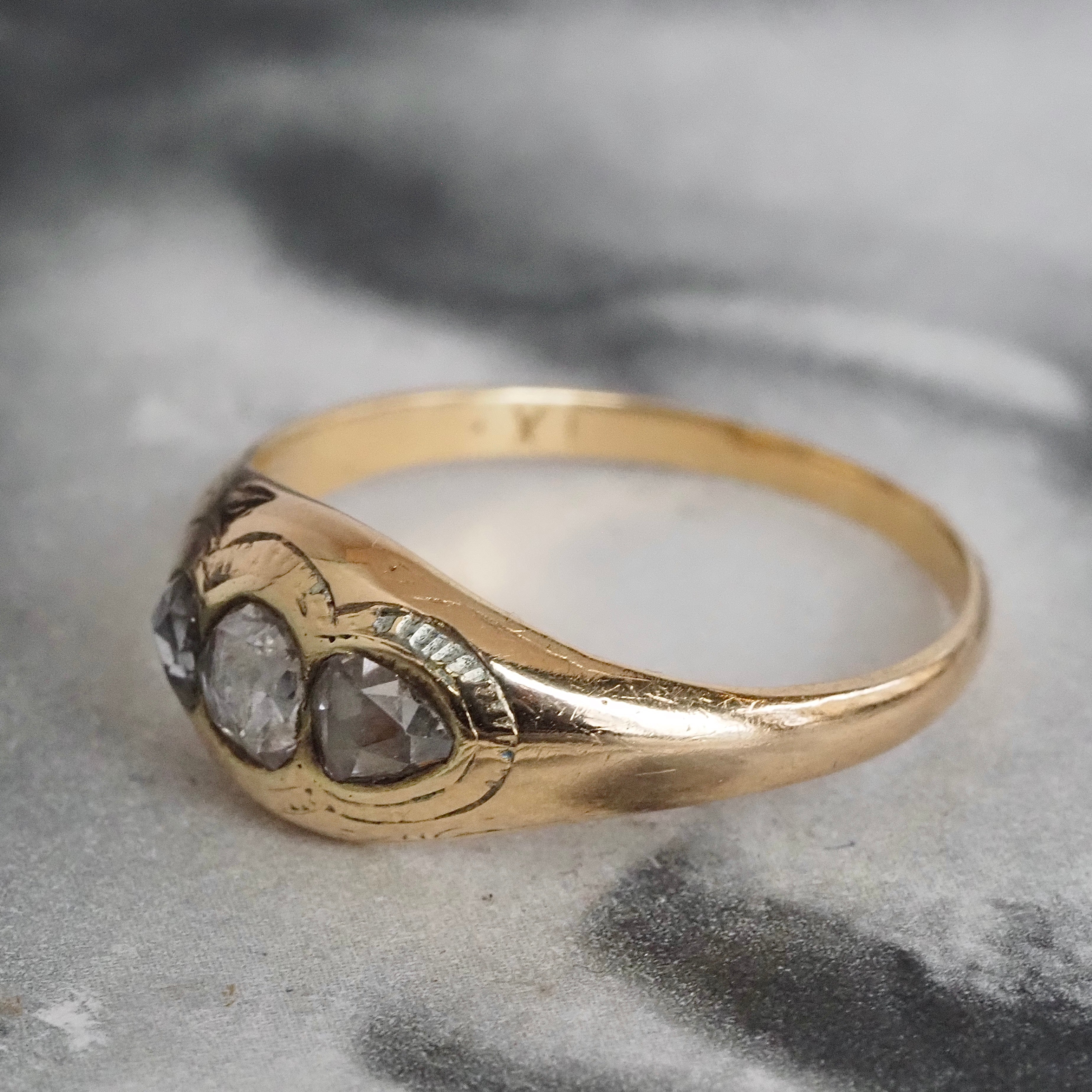 Antique French Rose Cut Diamond Trilogy 18k Gold Ring