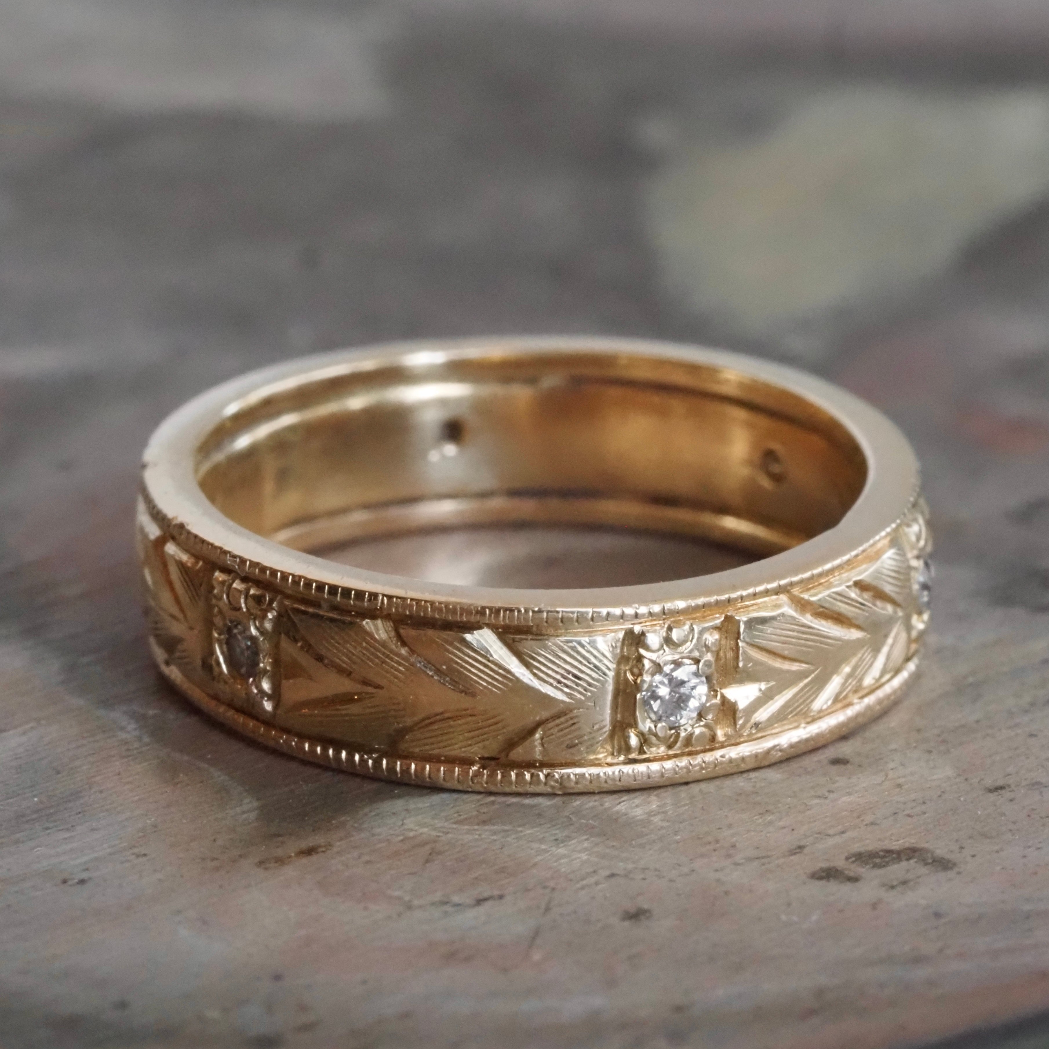Vintage Diamond 14k Gold Engraved Band