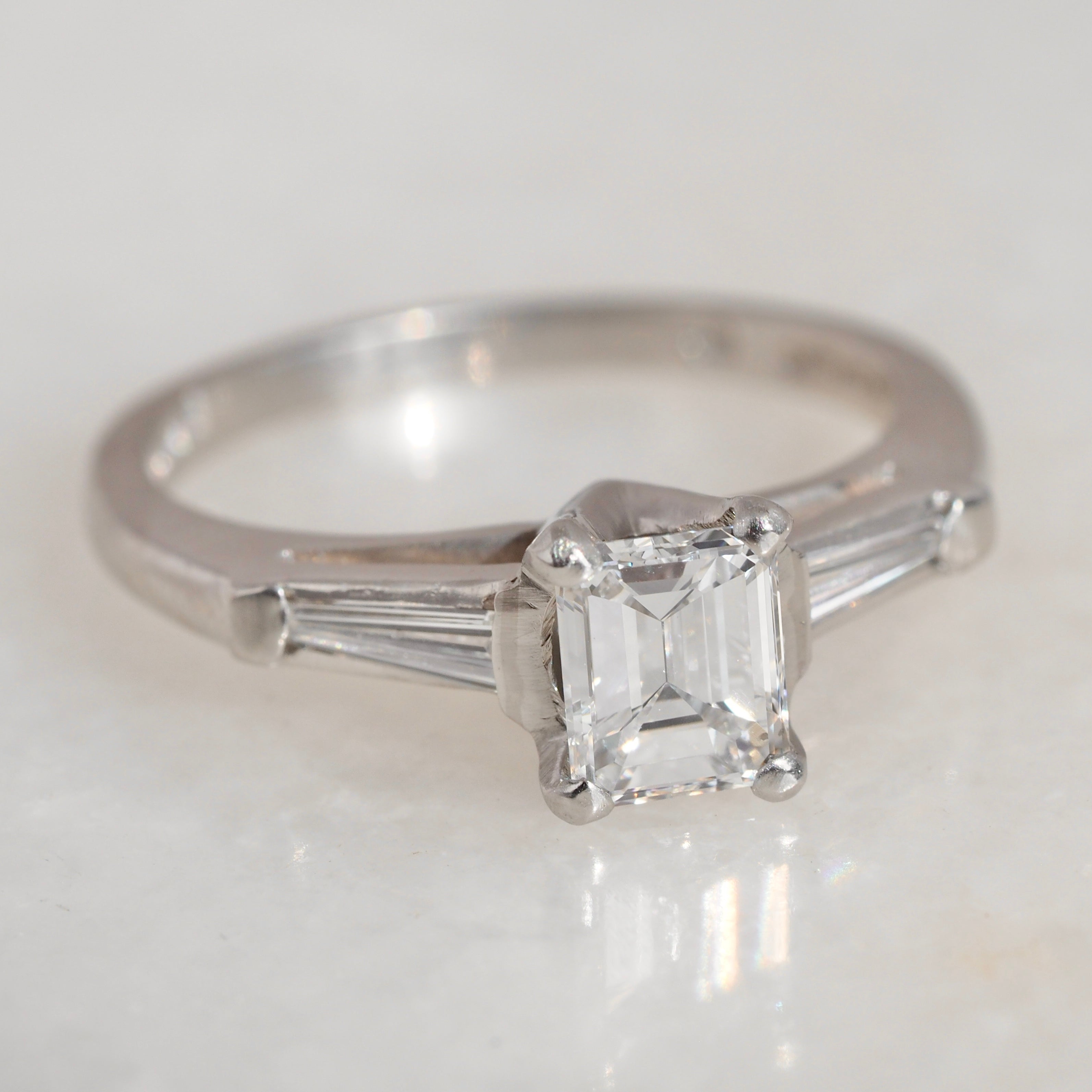 Vintage Platinum Emerald Cut & Tapered Baguette Diamond Engagement Ring