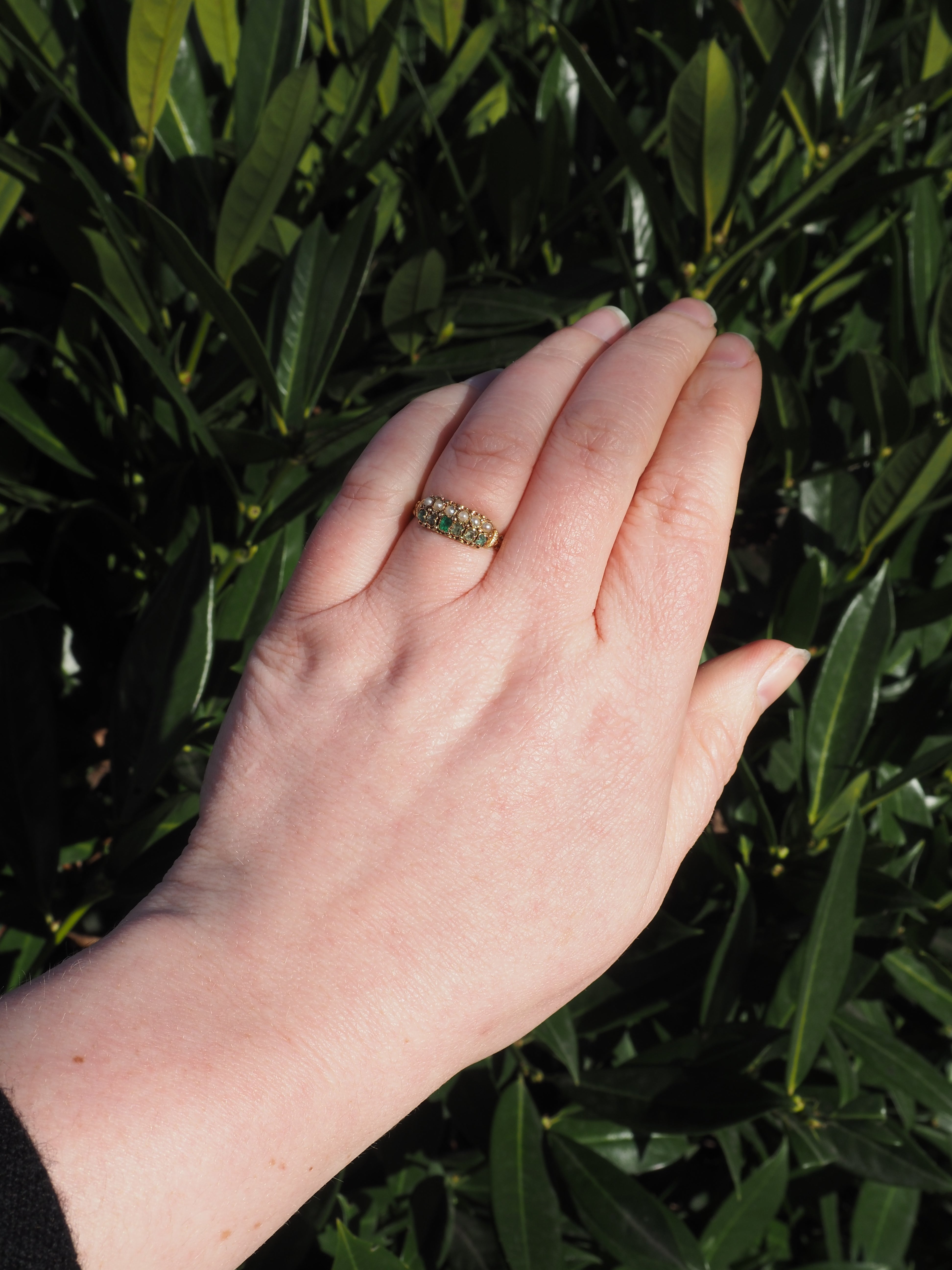 Antique English Victorian Emerald and Paste Seed Pearl 18k Gold Ring