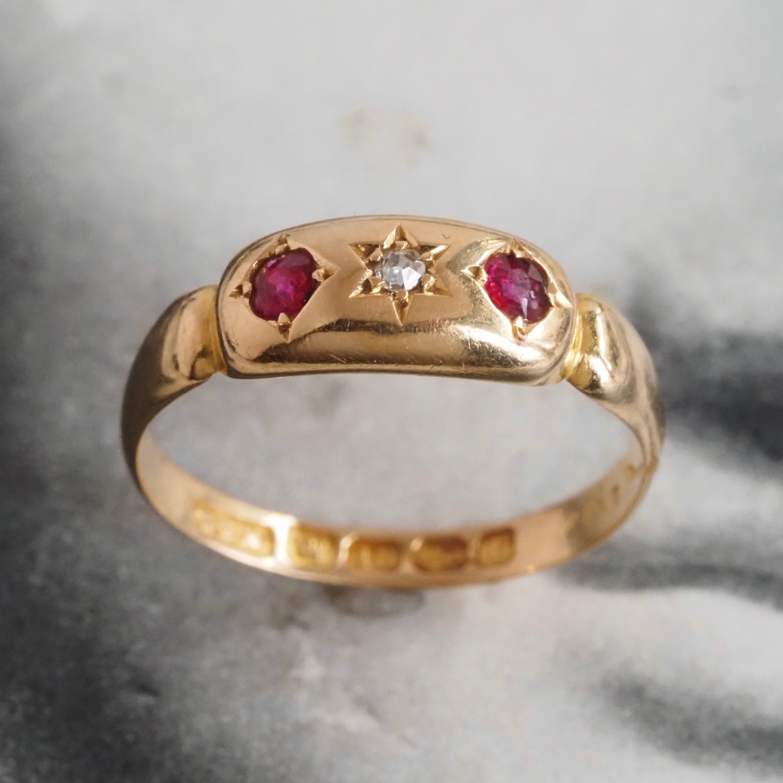 Antique Victorian English c. 1893 Ruby and Old Mine Cut Diamond Starburst 18k Gold Ring