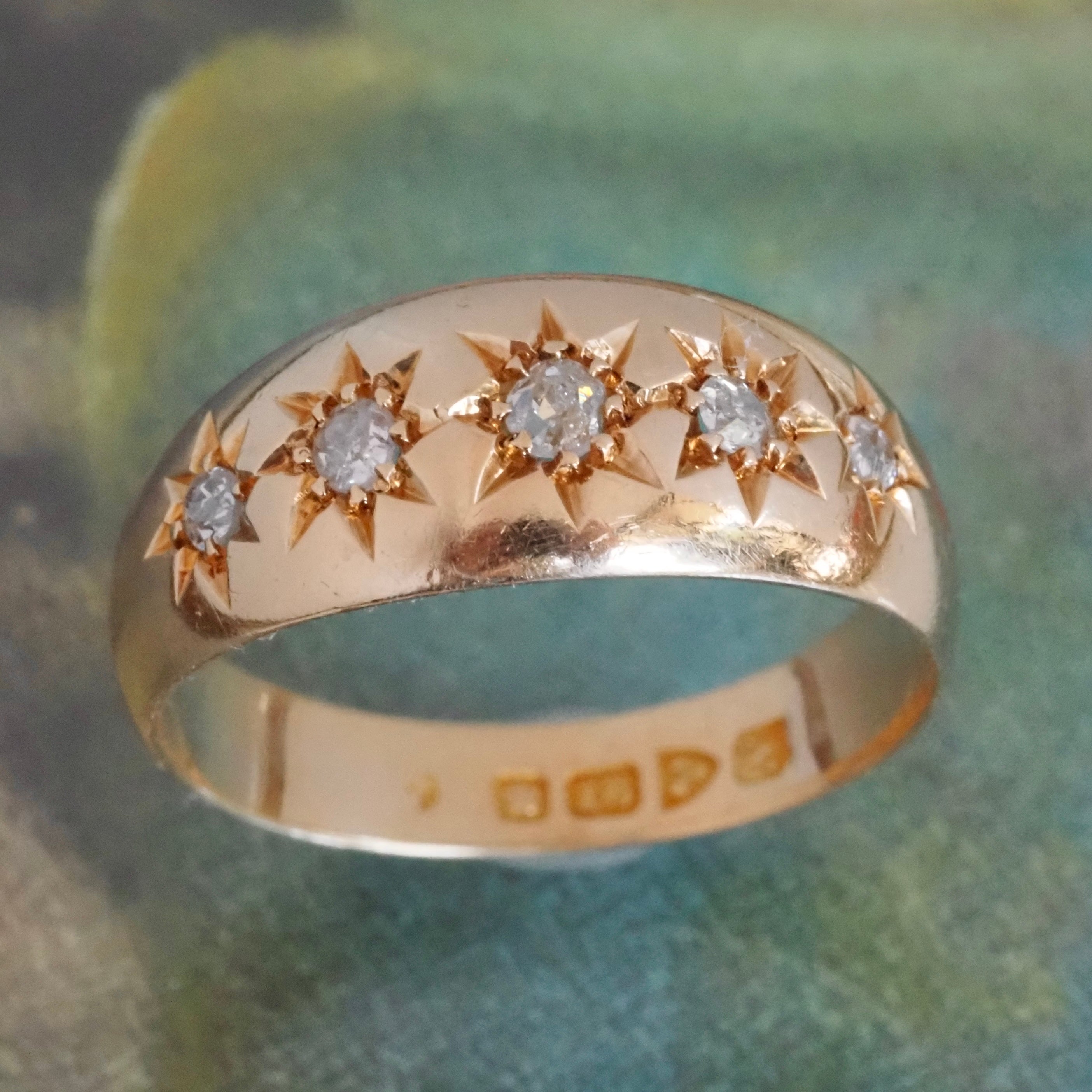 Antique c. 1913 English 18k Gold Starburst Five Diamond Ring