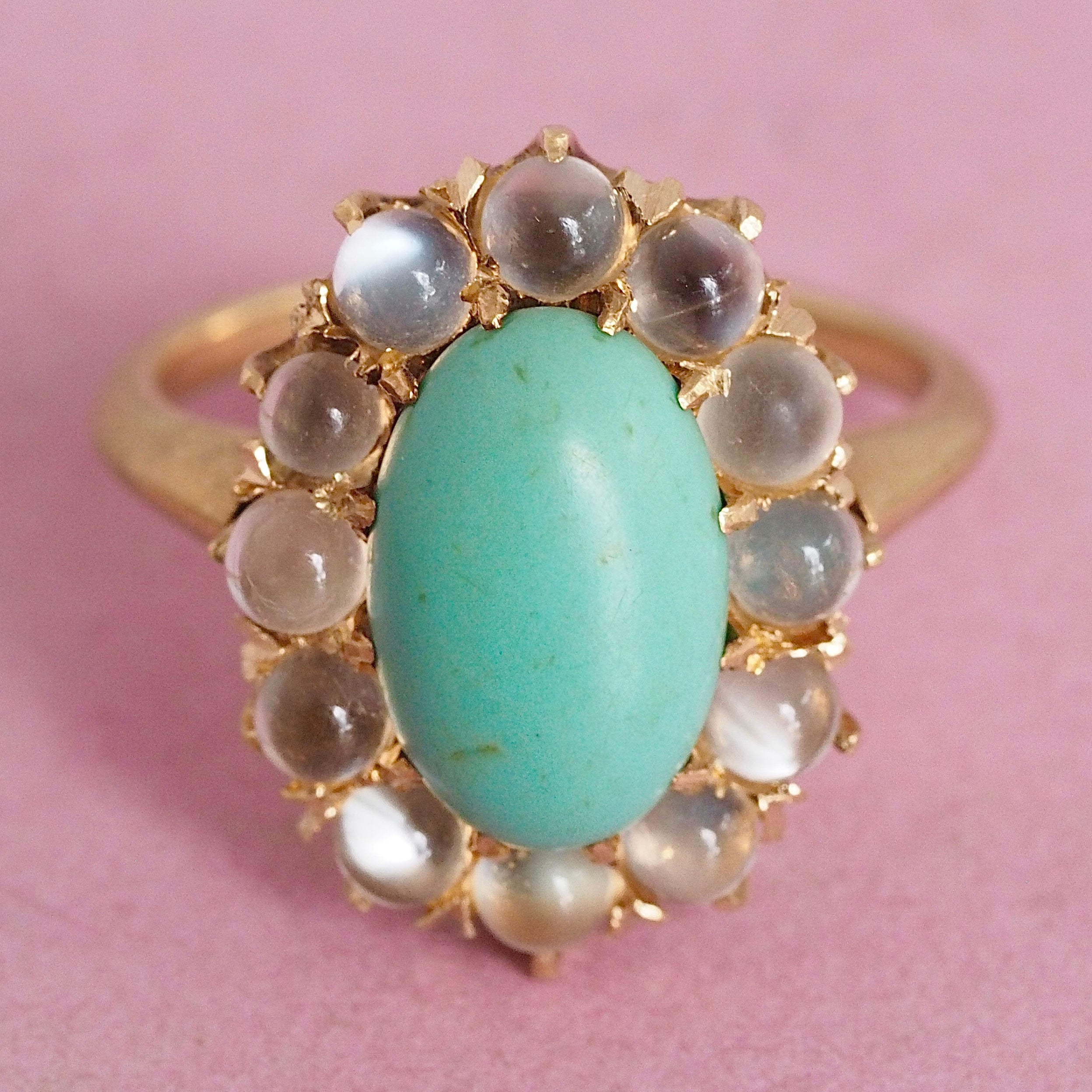 Antique Victorian 18k Gold Turquoise and Moonstone Halo Ring