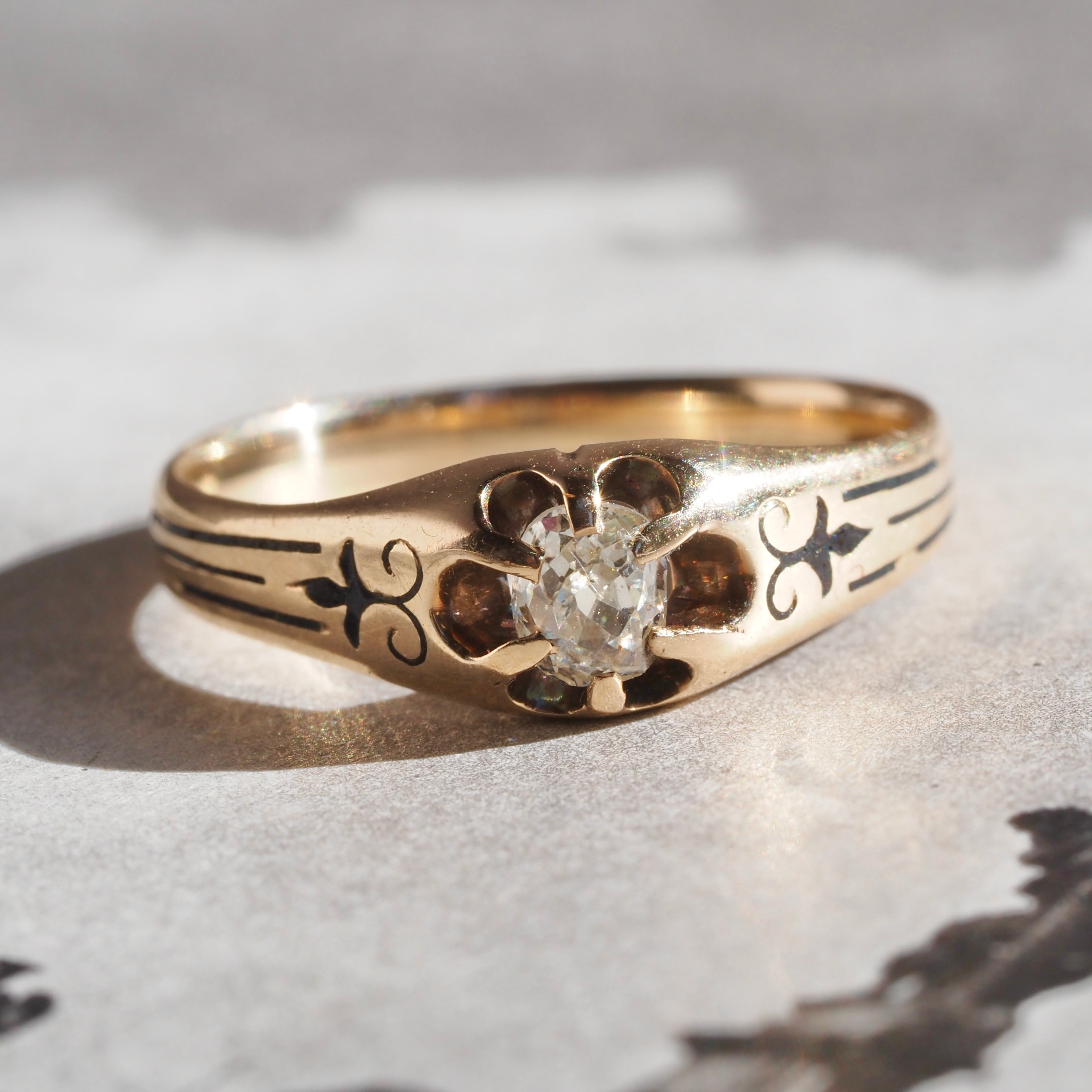 Antique Victorian Cushion Old Mine Cut Diamond Enamel 10k Gold Belcher Engagement Ring