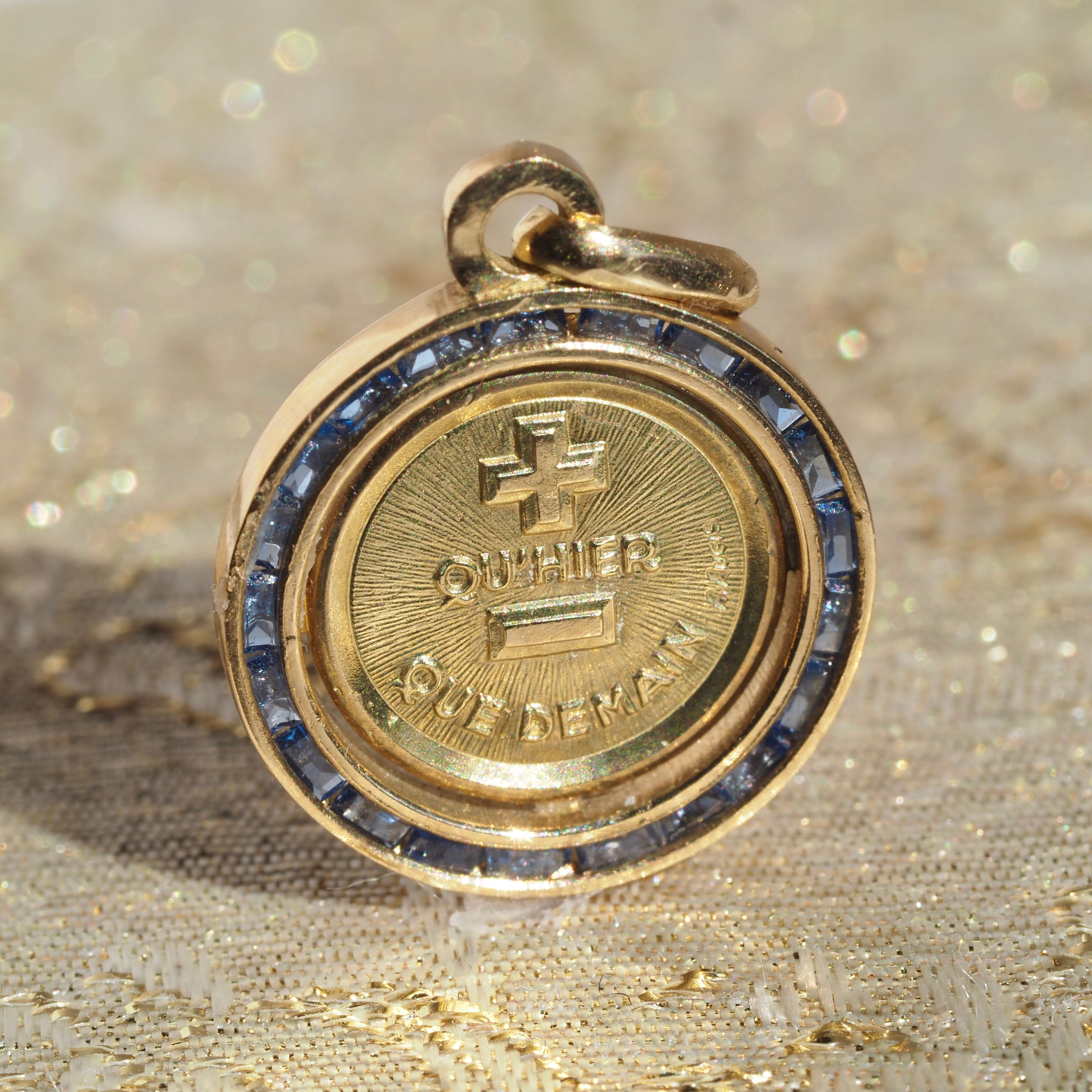 Vintage Sapphire Augis Love Medallion 18k Gold Charm