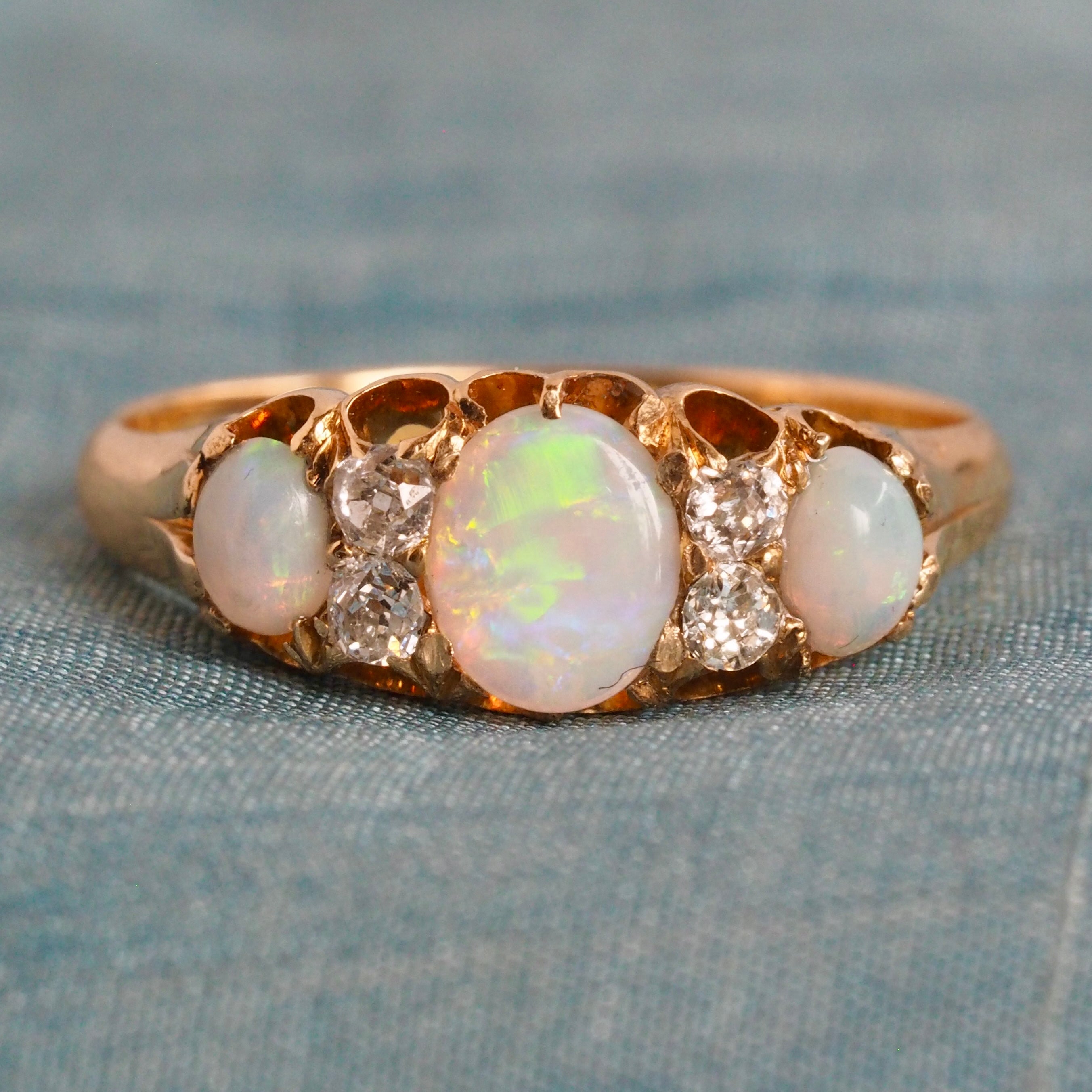 Antique Victorian c. 1890 18k Gold Opal and Old Mine Cut Diamond Ring