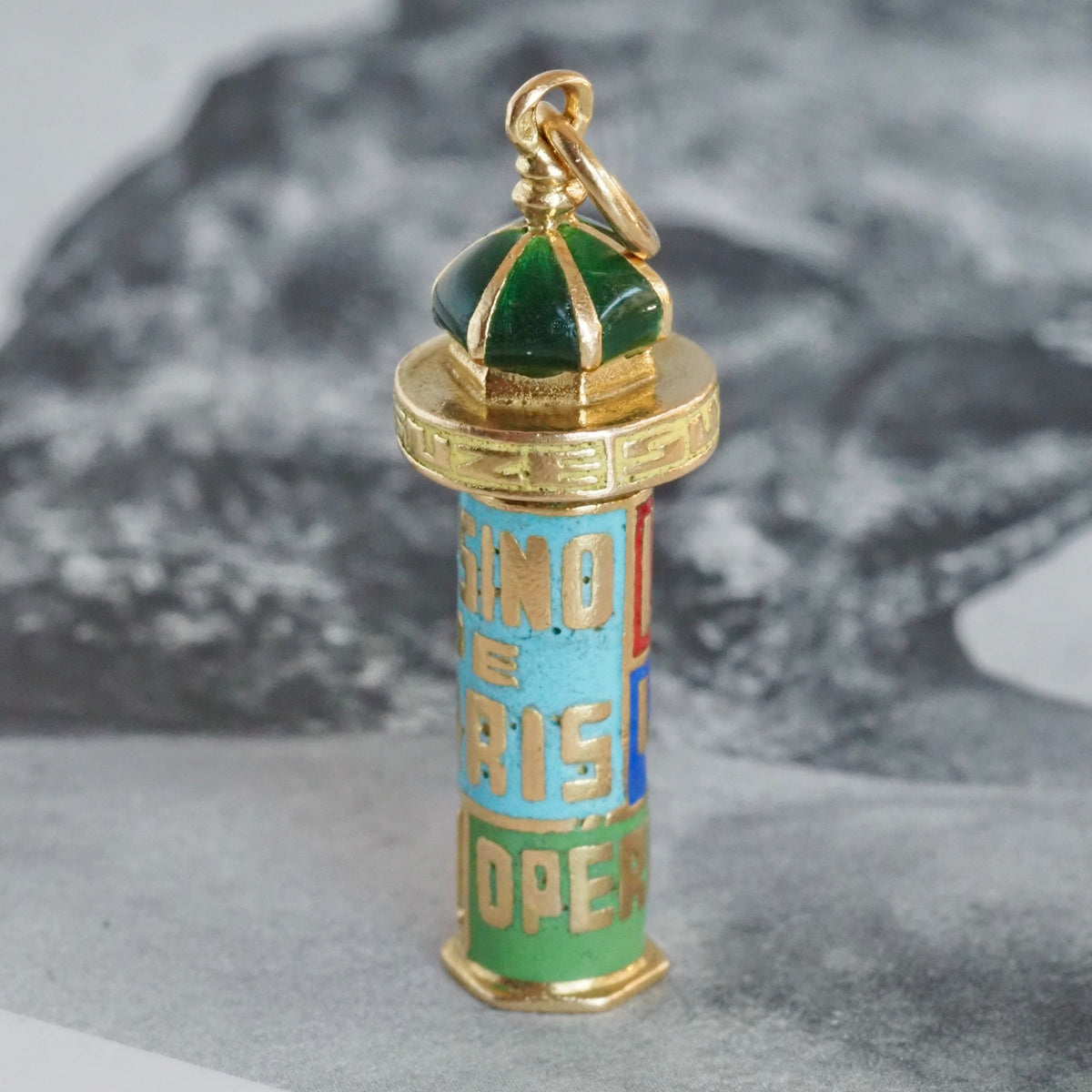 Vintage French Kiosque with Enamel Theater Posters 18k Gold Collectable Pendant