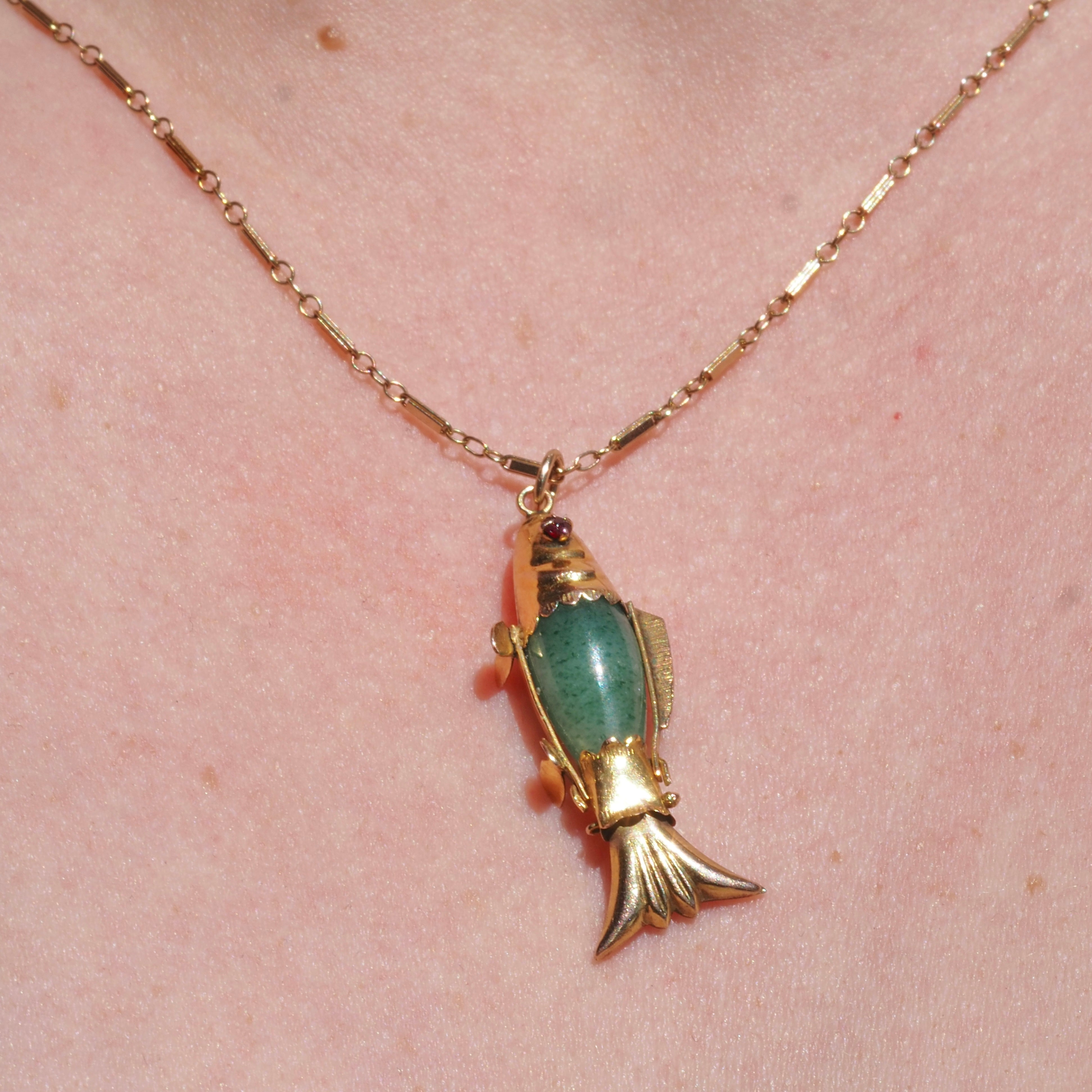 Vintage Jade Ruby Paste 14k Gold Articulated Fish Pendant