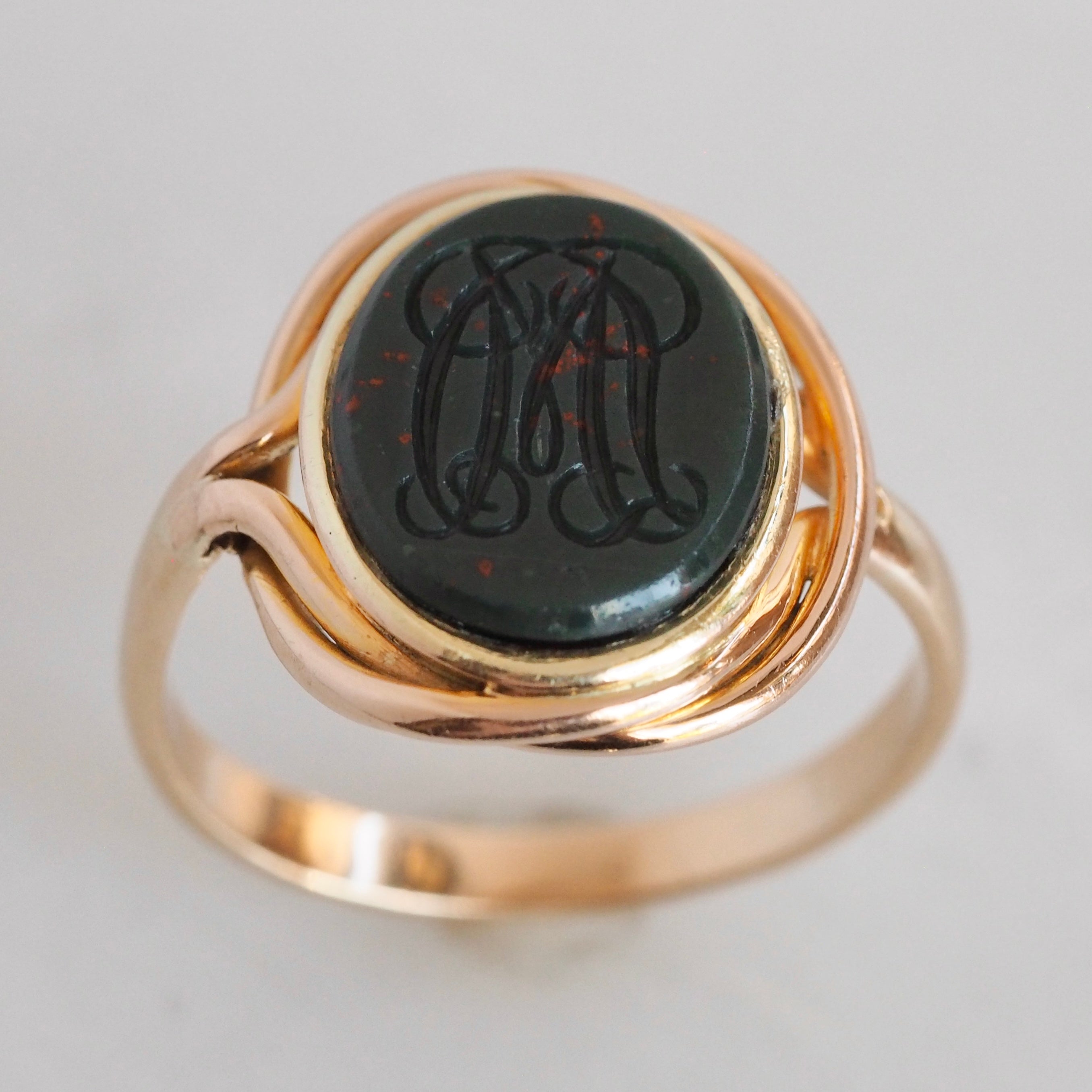 Antique Edwardian 14k Gold Bloodstone Intaglio Signet Ring