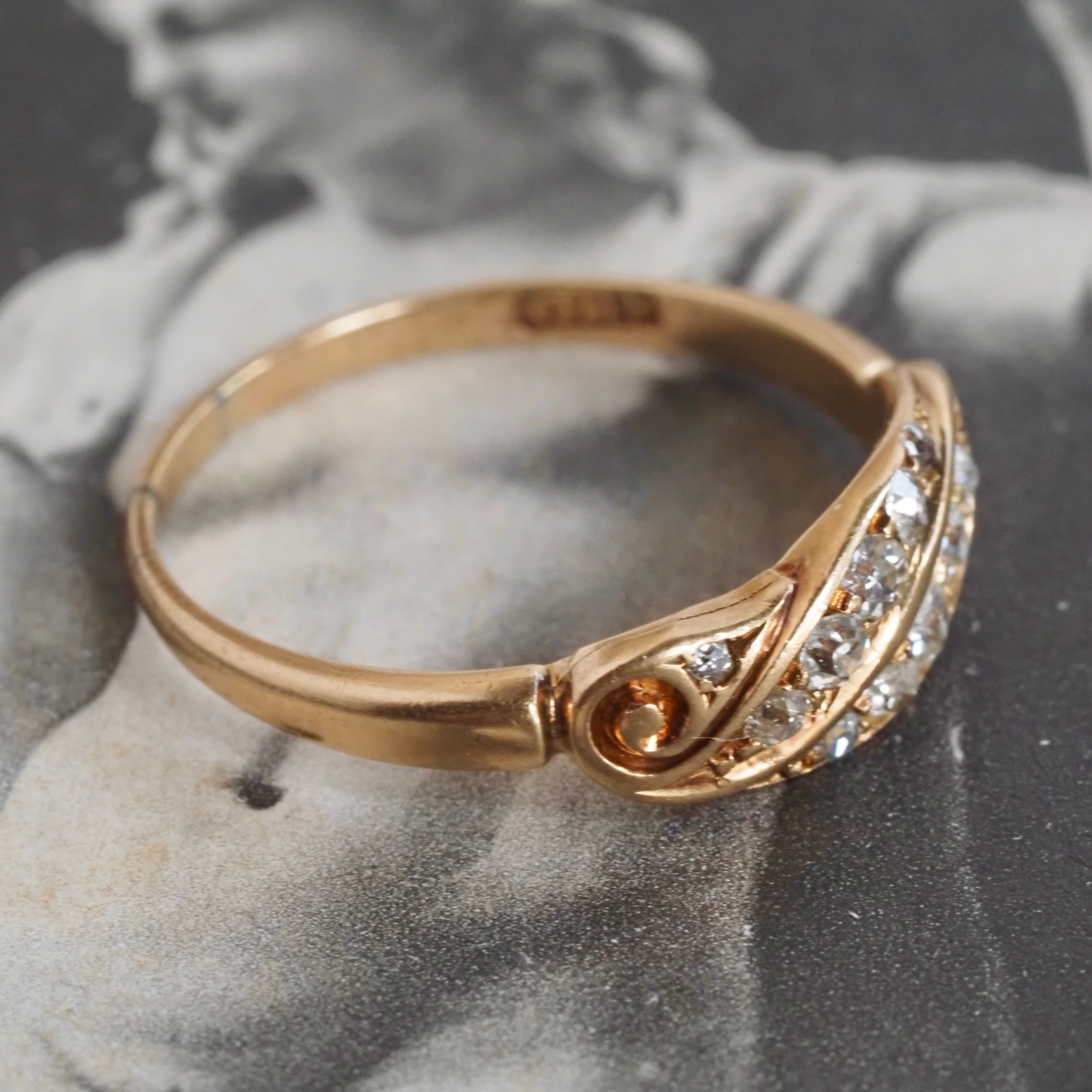 Antique English Old Mine Cut Diamond 18k Gold Scroll Ring