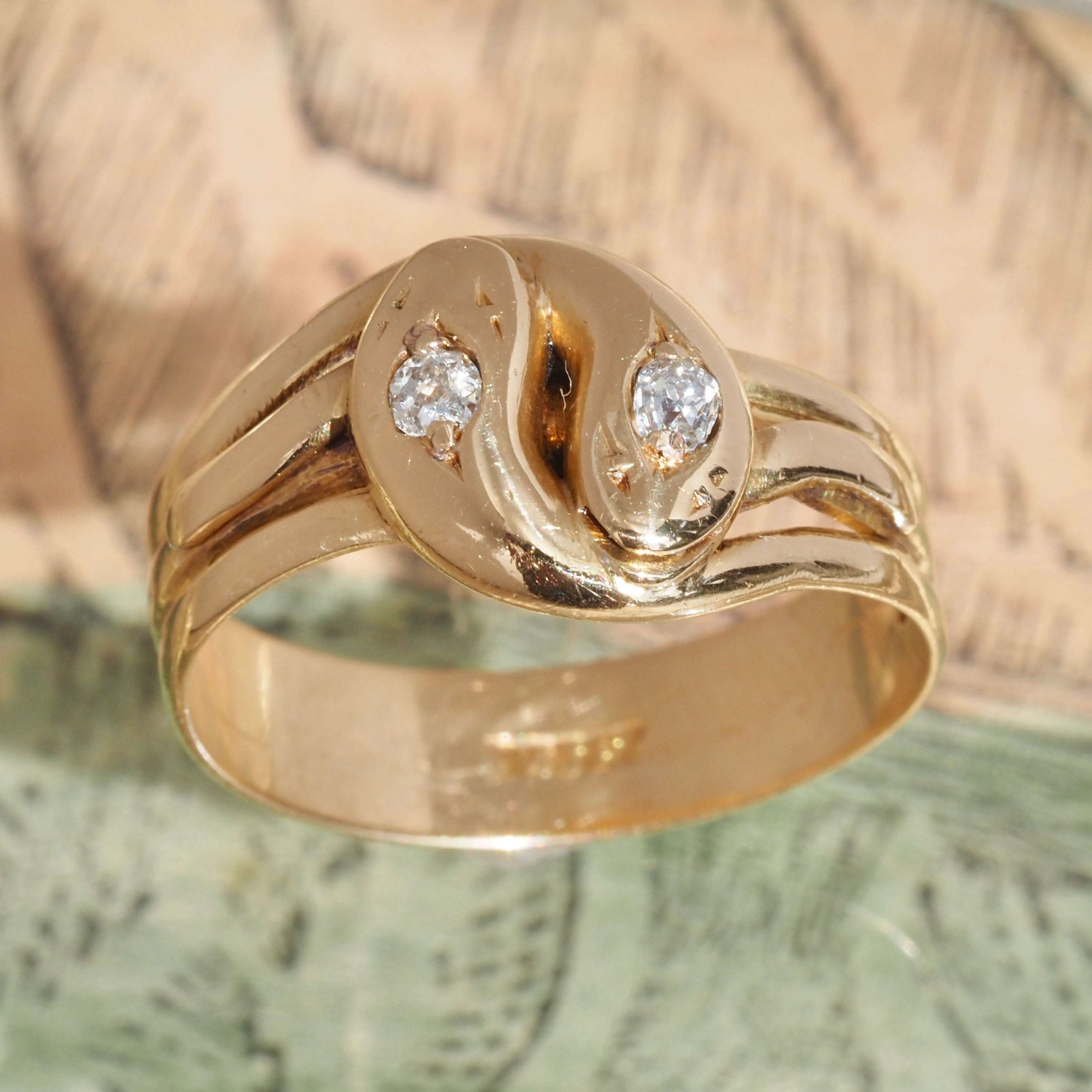 Antique English Double Snake Old Mine Cut Diamond 18k Gold Ring