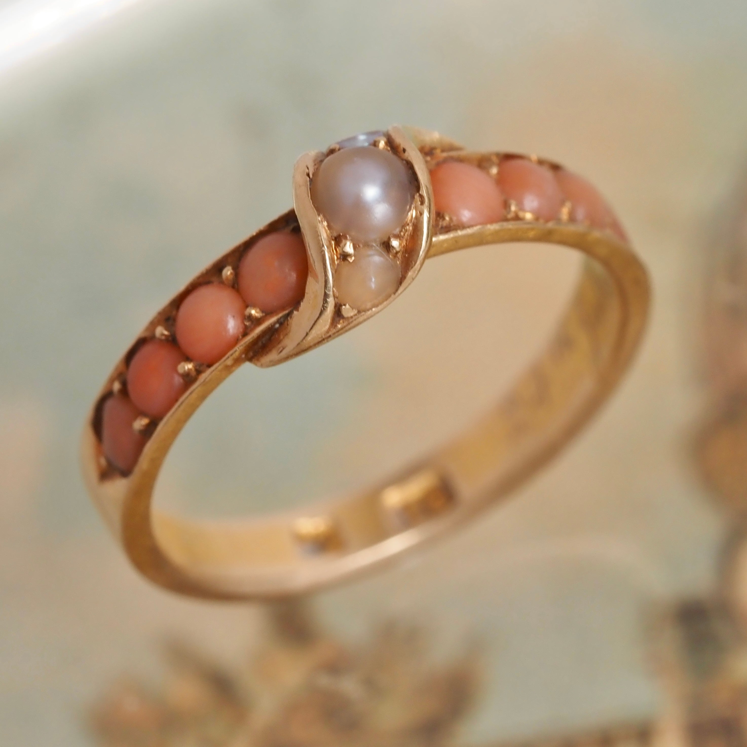 Antique Victorian c. 1867 Seed Pearl Coral 18k Gold Ring