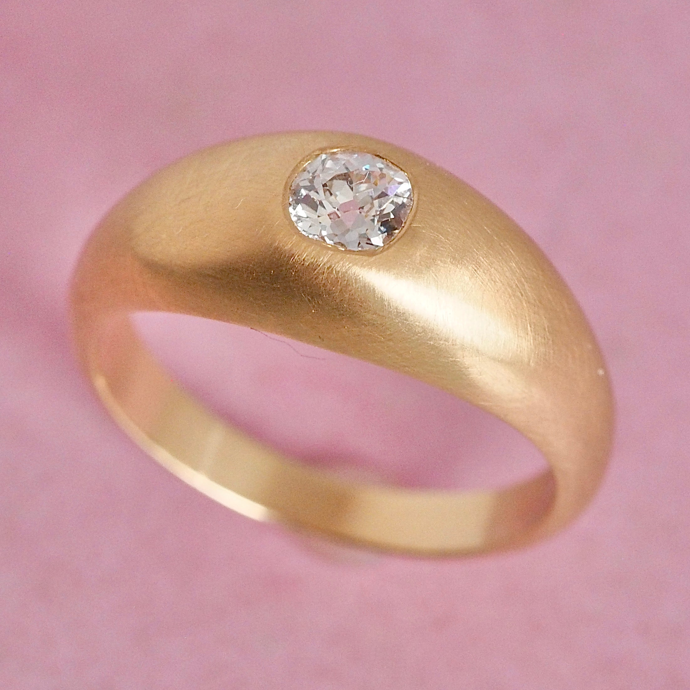 Brushed 18k Gold Old Mine Cut Diamond Flush Set Dome Ring