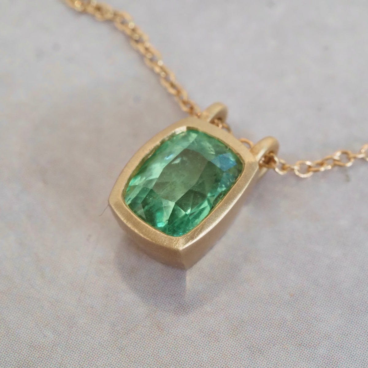 Emerald Brushed 14k Gold Necklace