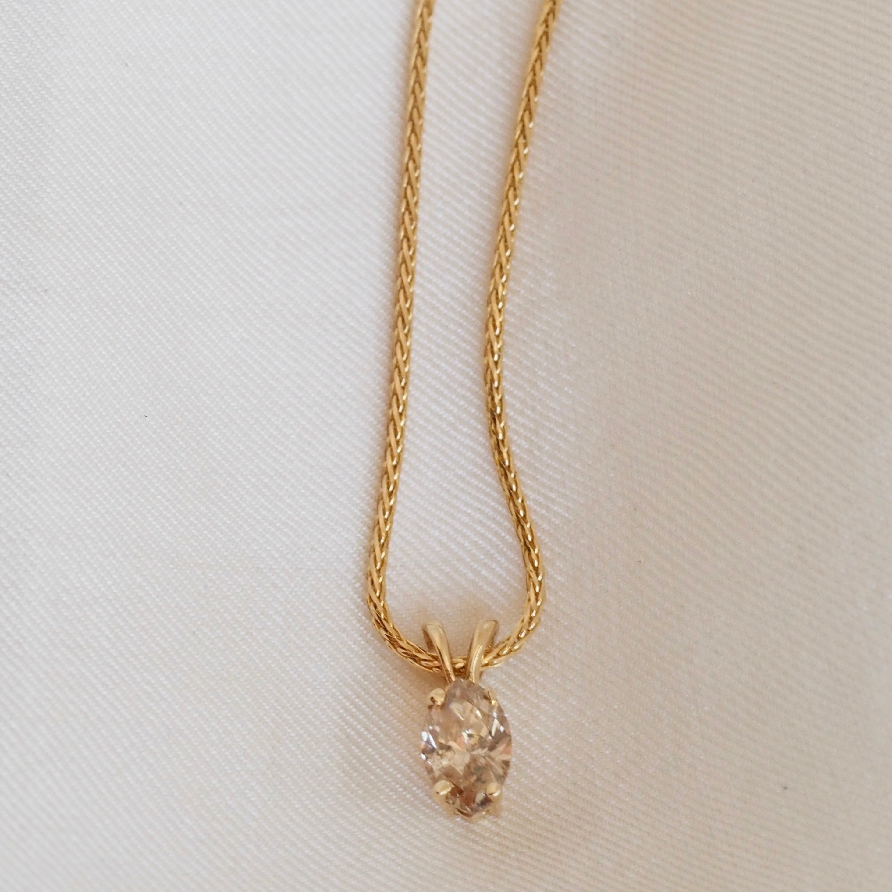 Vintage Light Brown Marquise Cut Diamond in 14k Gold on 14k Gold Wheat Chain