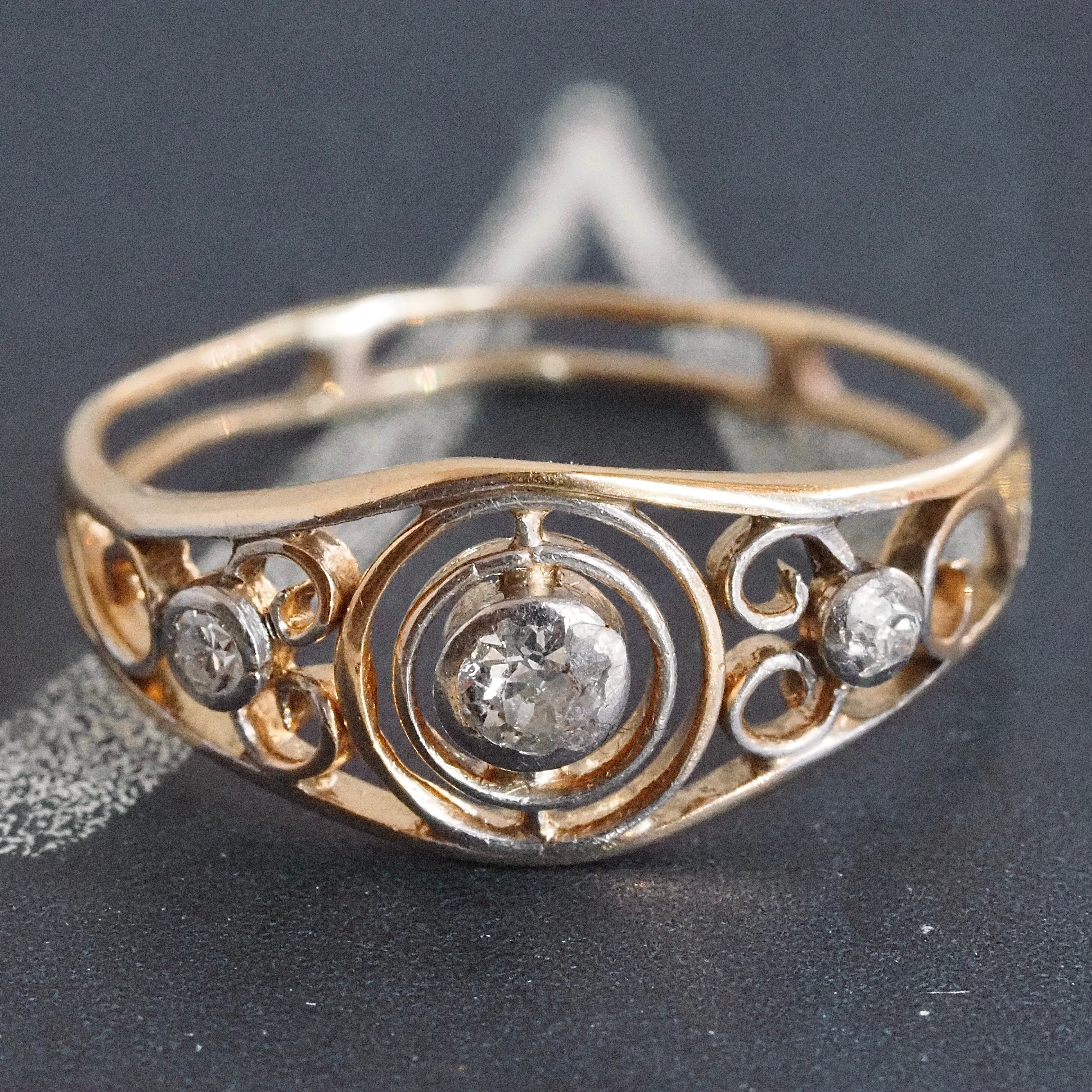 Antique Art Nouveau 14k Gold Diamond Scroll Ring
