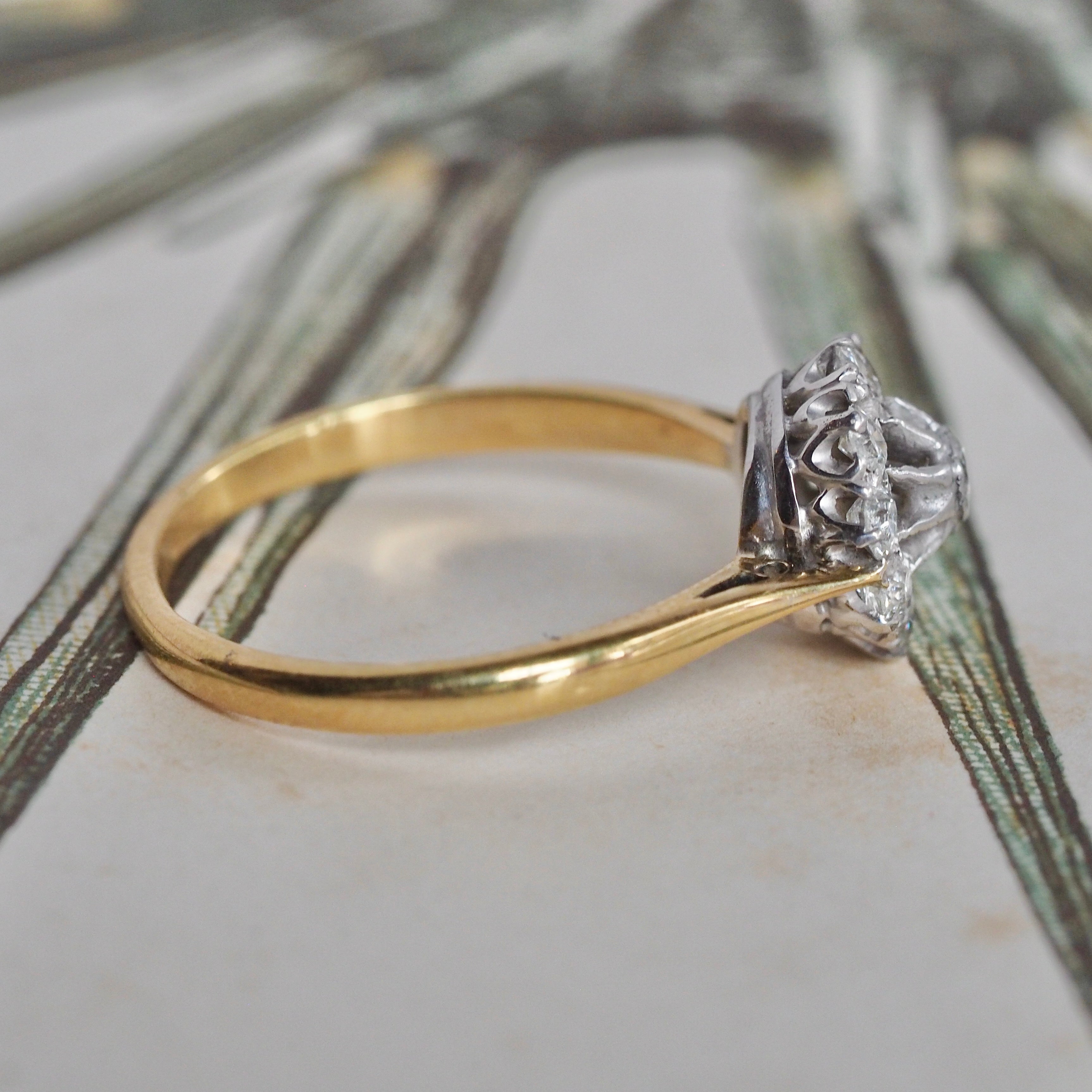 Antique Old Mine Cut Diamond Cluster 18k Gold and Platinum Engagement Ring