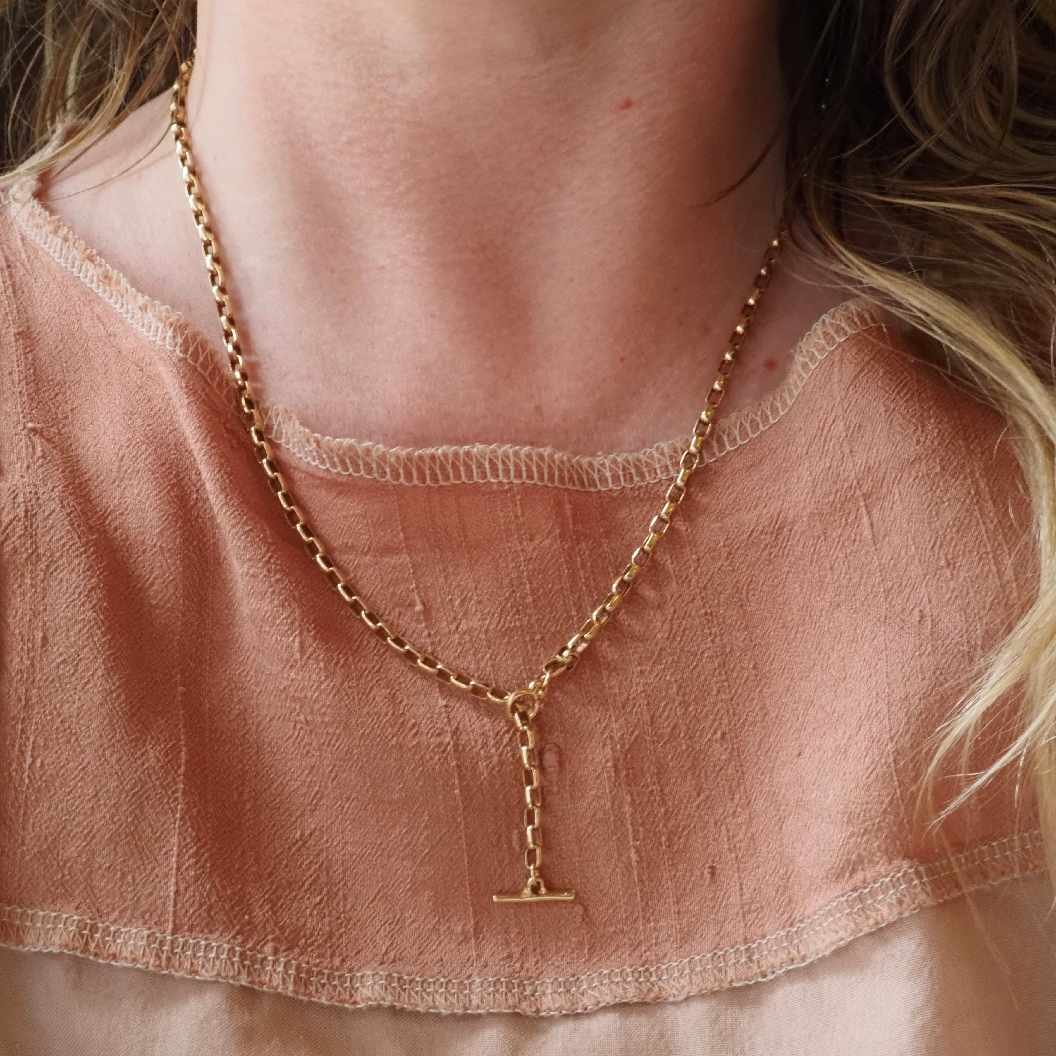 Vintage Squared Cable Adjustable Lariat T-Bar 14k Gold Chain Necklace