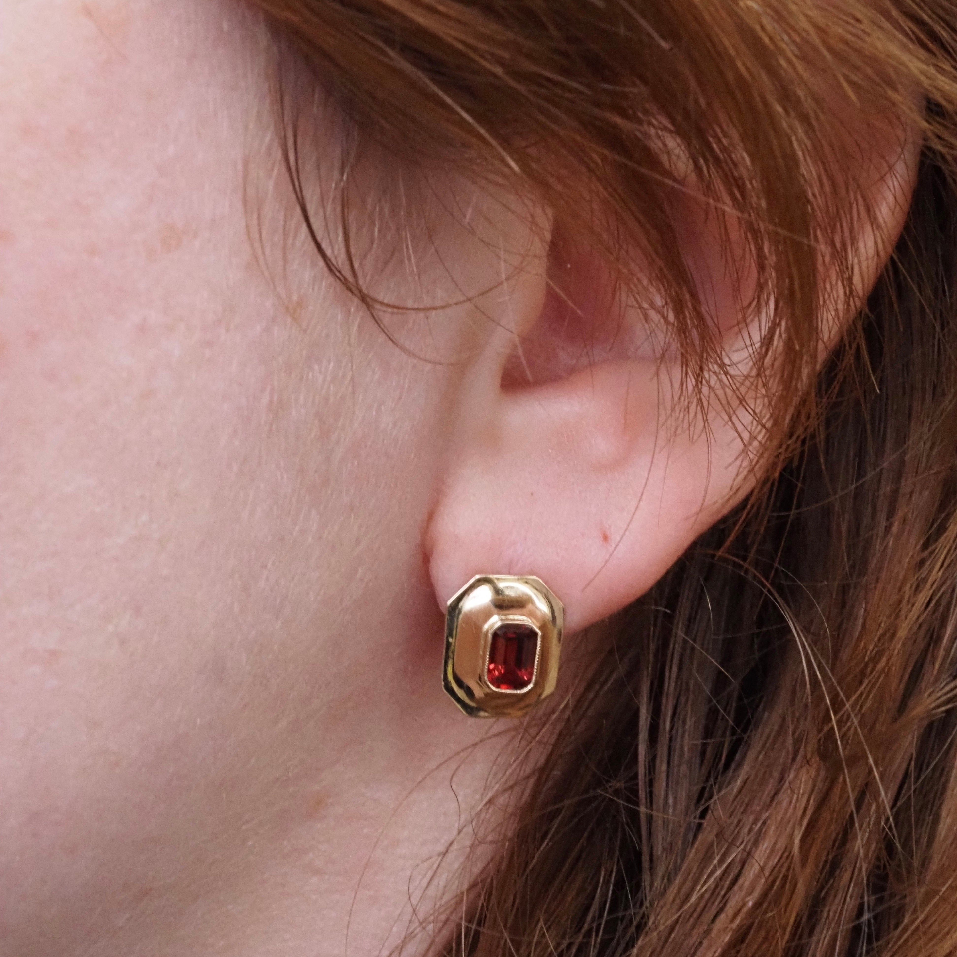 Vintage Bezel Set Garnet 14k Gold Studs