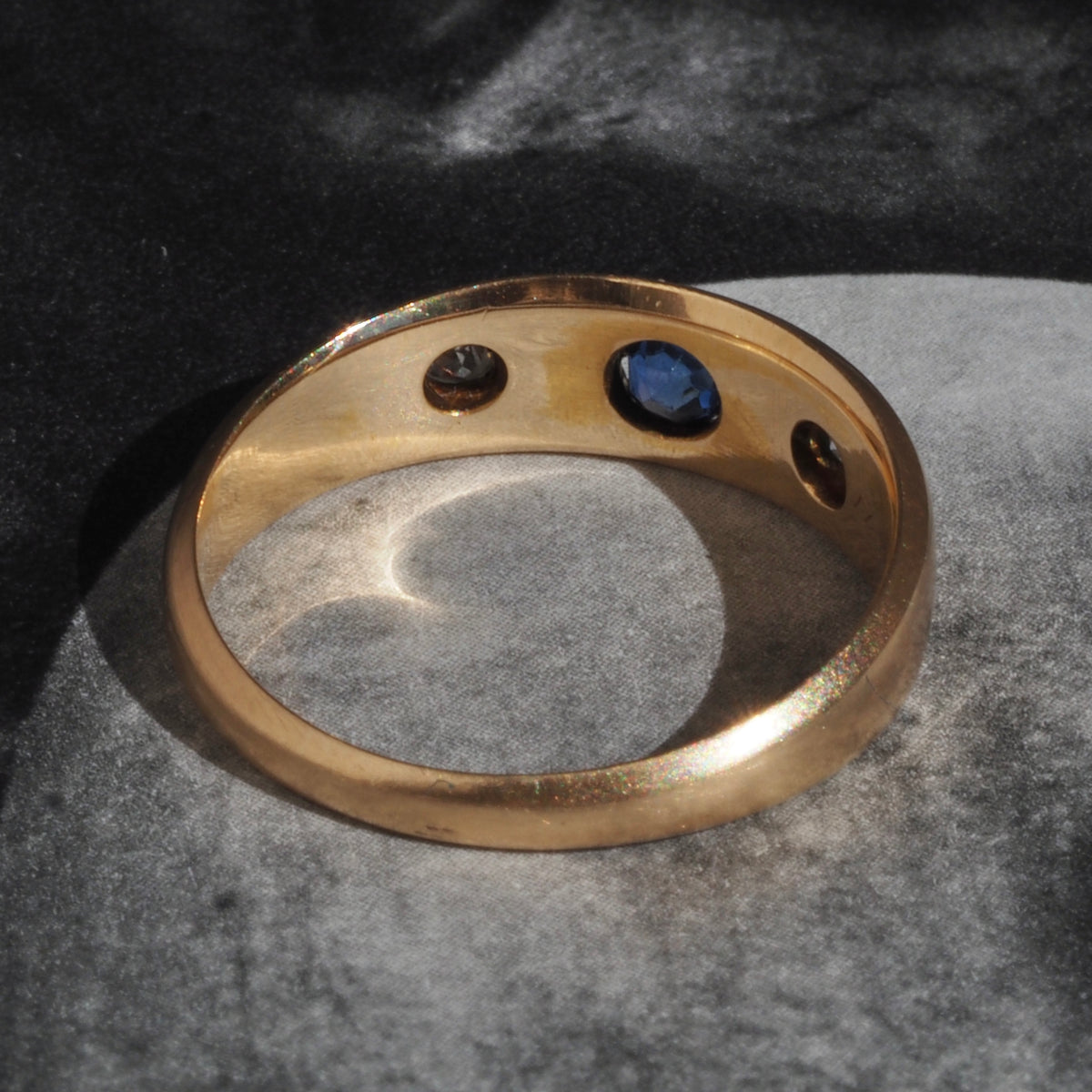 Antique English c. 1886 Sapphire and Diamond Flush Set Trilogy Ring