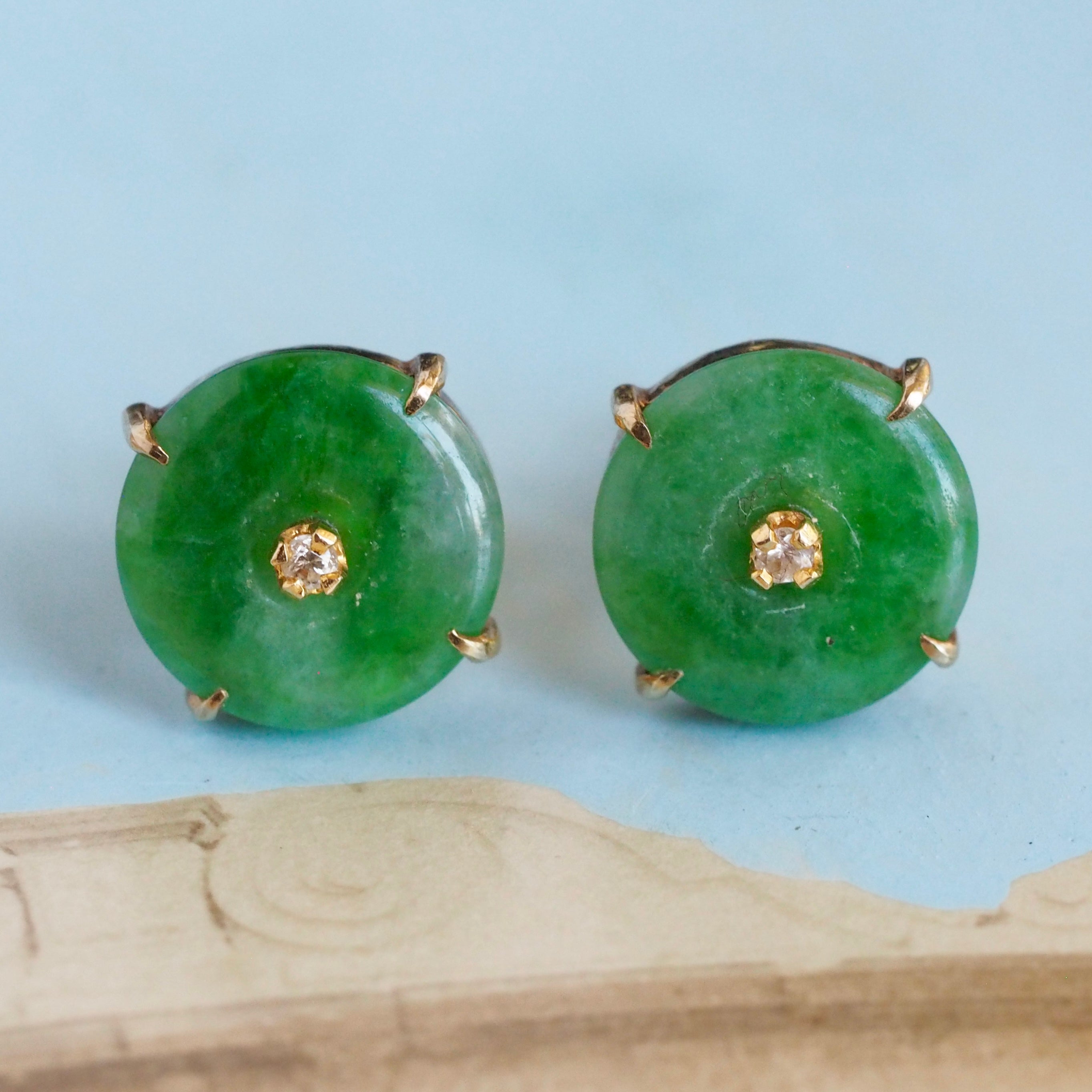 Vintage 18k Gold Jade and Diamond Earrings