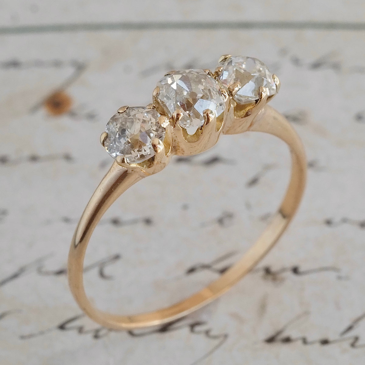 Antique Trilogy Old Mine Cut Diamond 14k Gold Engagement Ring