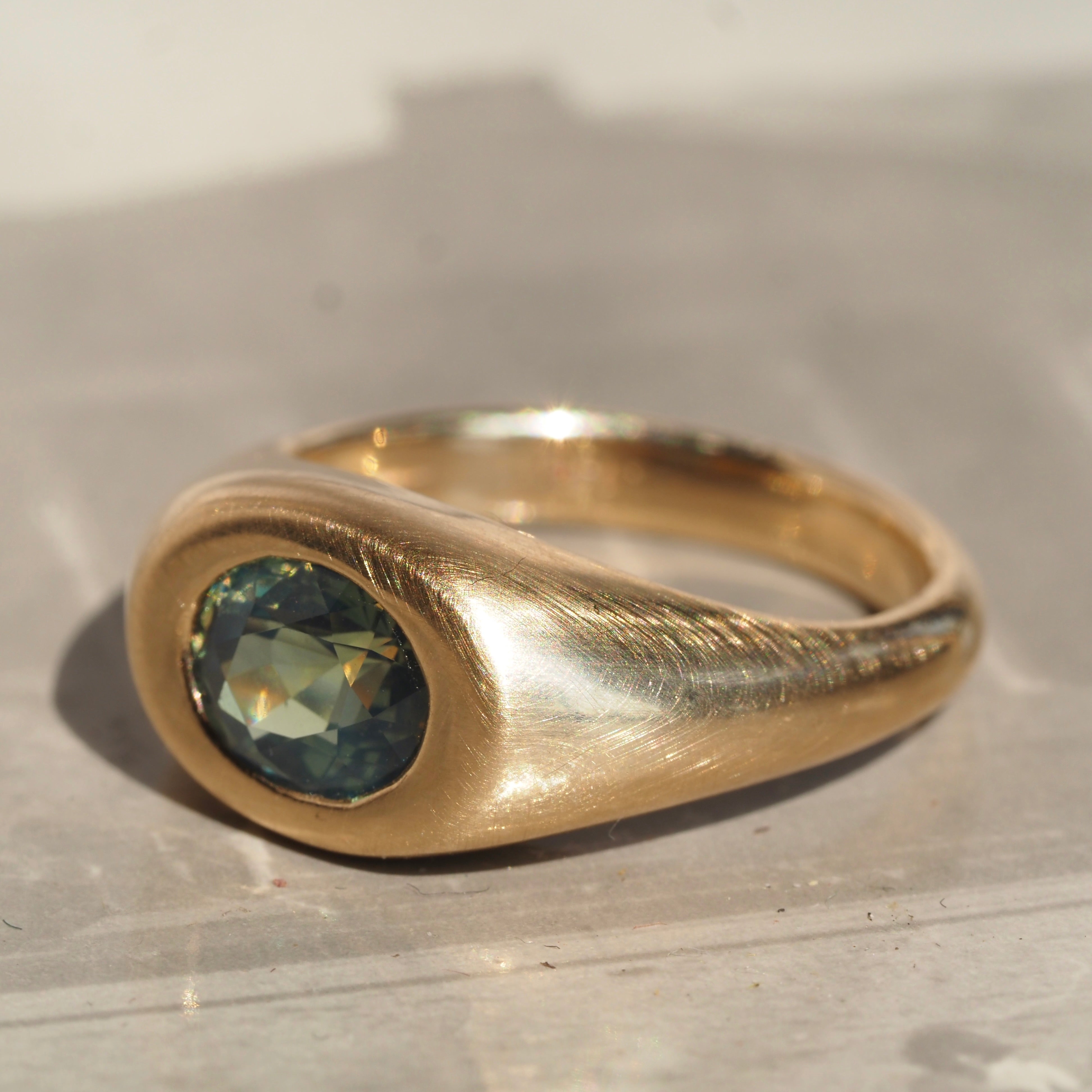 Faceted Natural Green Sapphire Signet 14k Gold Ring