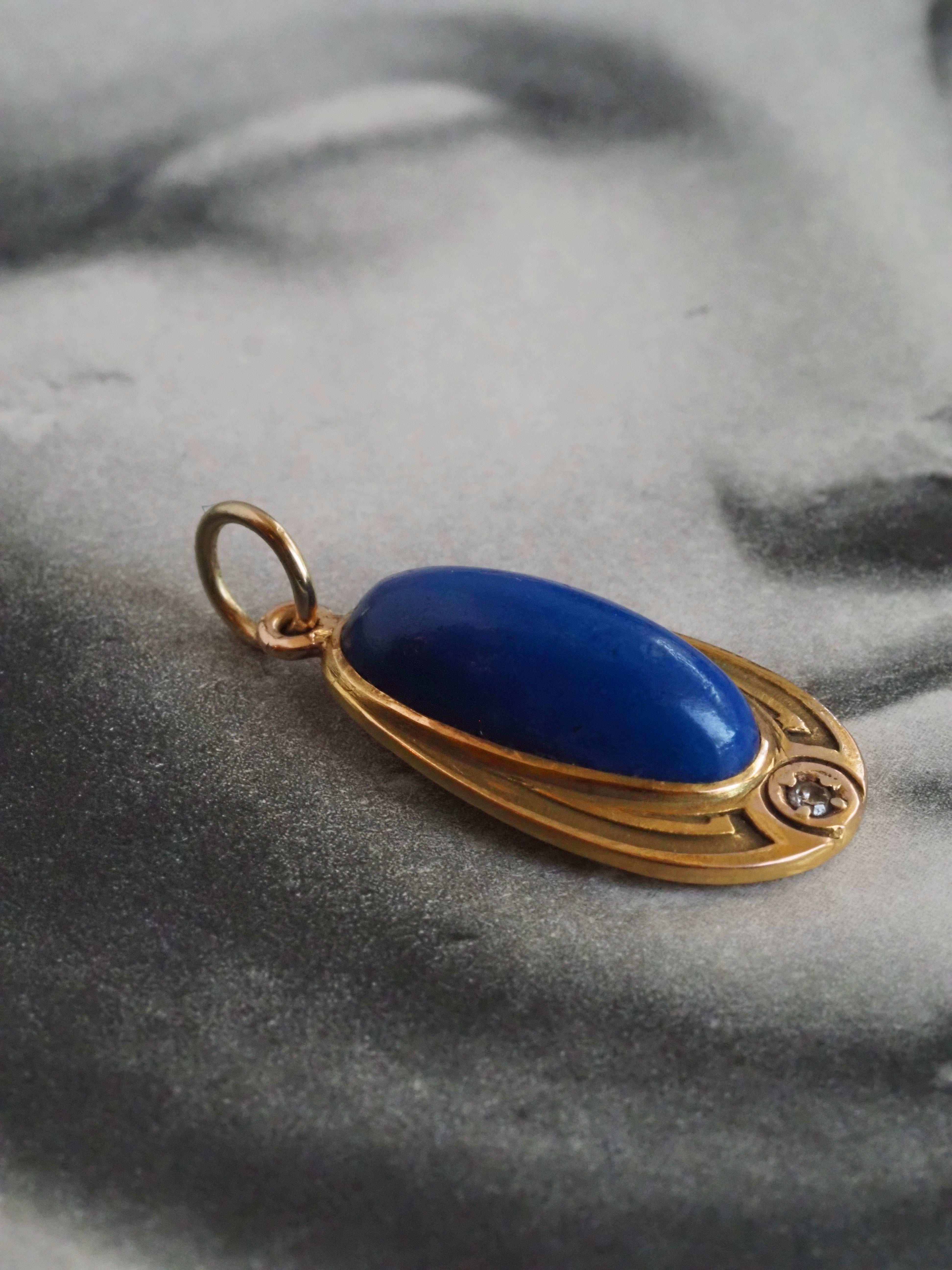 Antique Art Nouveau 14k Gold Lapis & Diamond Pendant