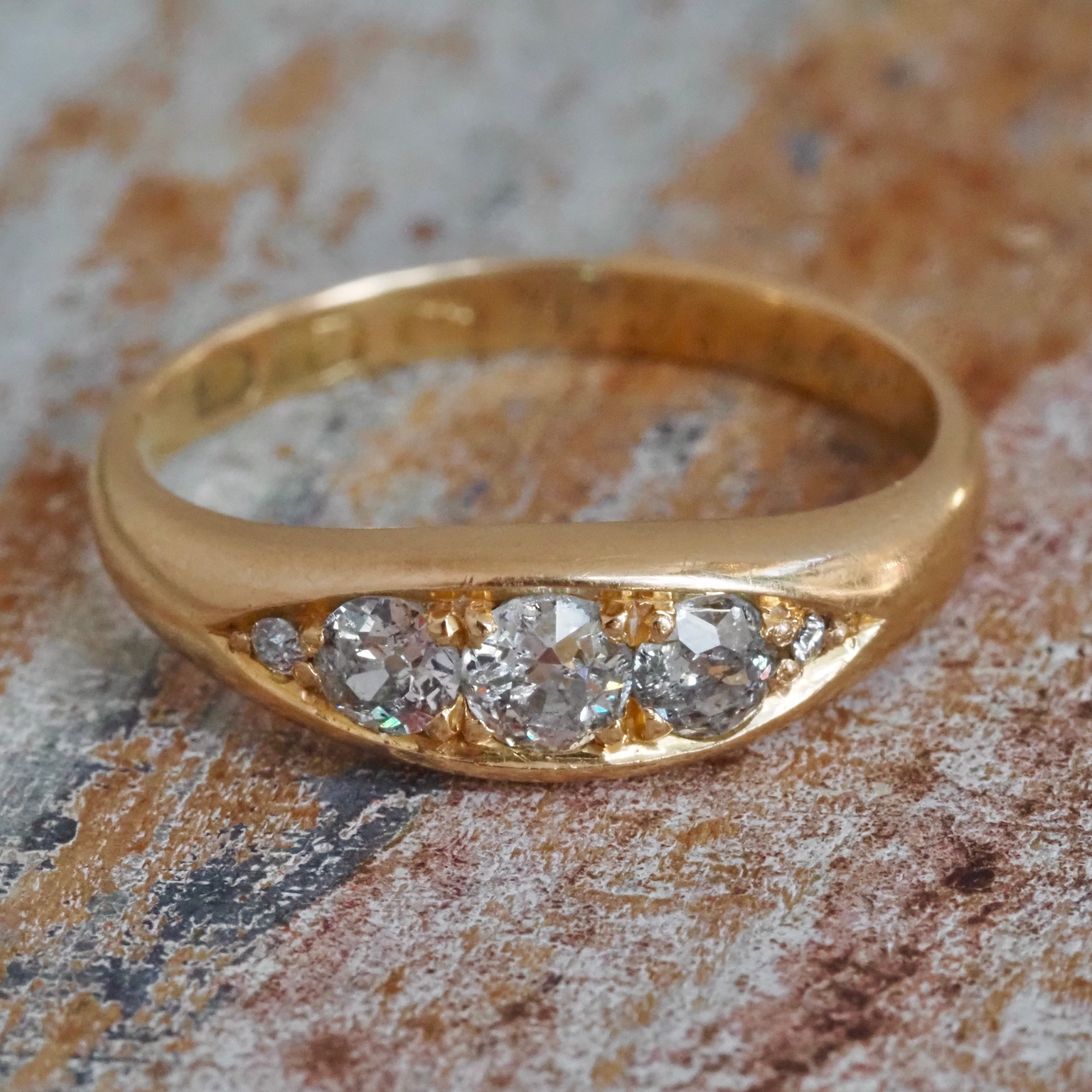 Antique English c. 1902 Old Mine Cut Diamond Five Stone 18k Gold Boat Engagement Ring