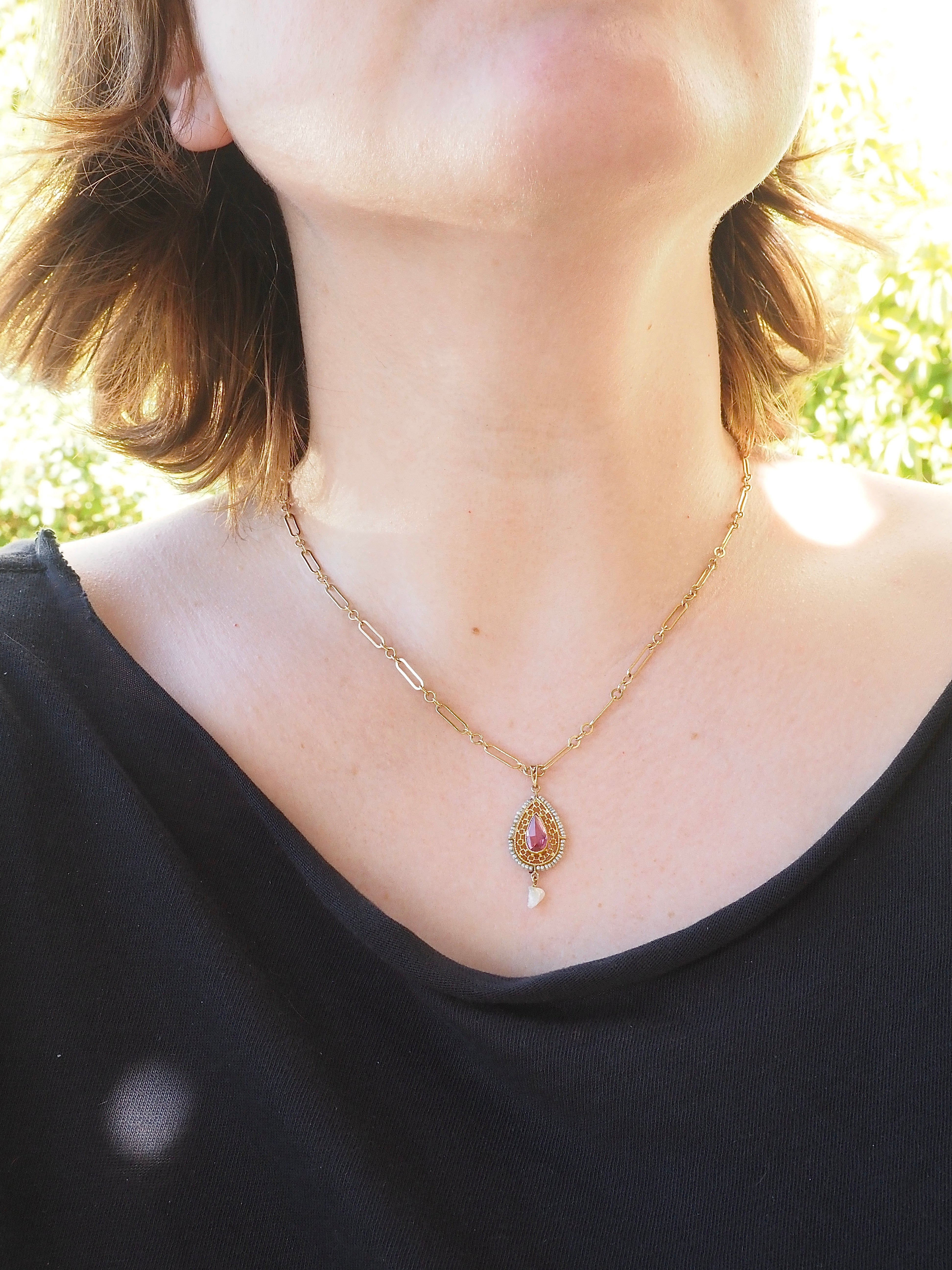 Antique 10k Gold Seed Pearl Tourmaline Lavalier Pendant