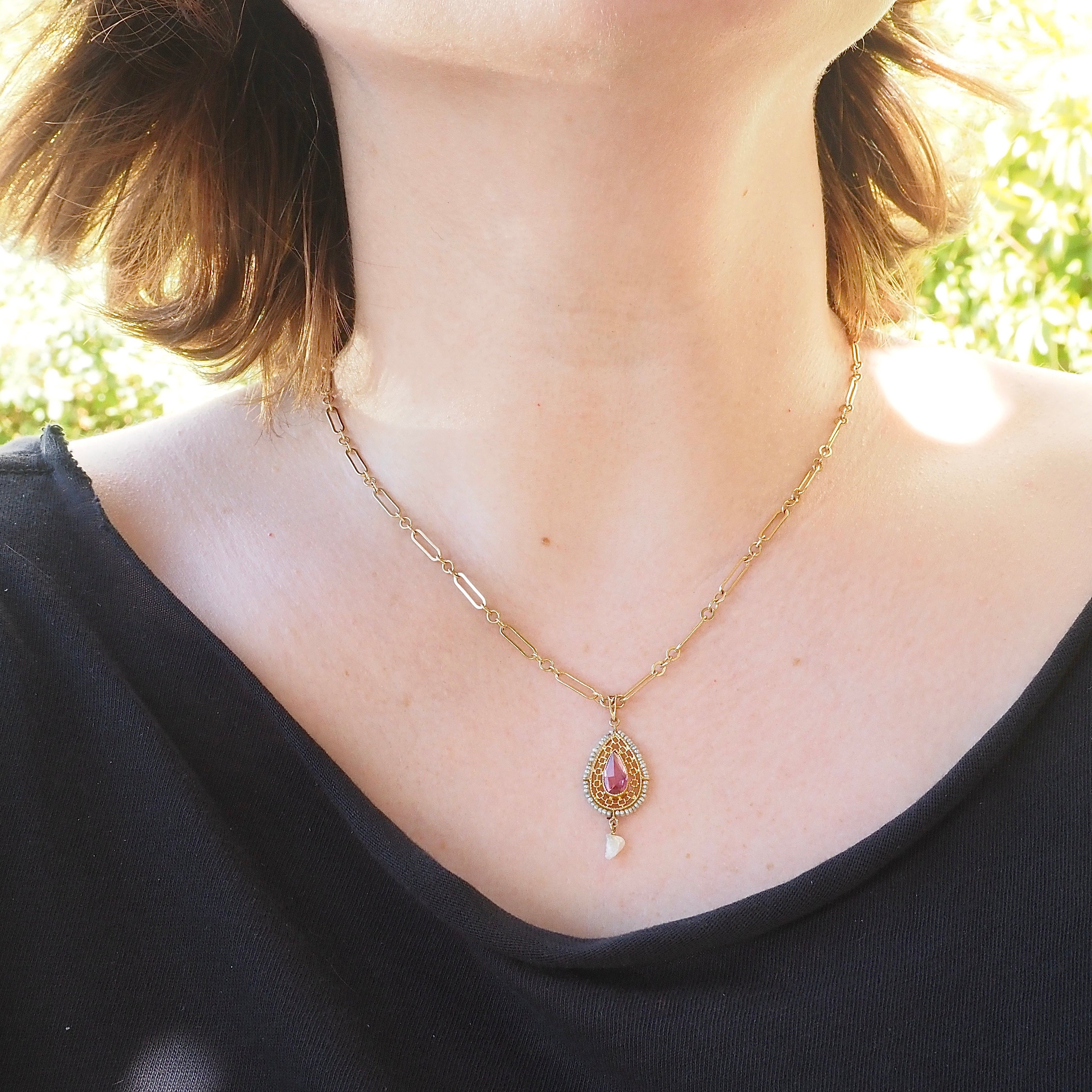 Antique 10k Gold Seed Pearl Tourmaline Lavalier Pendant