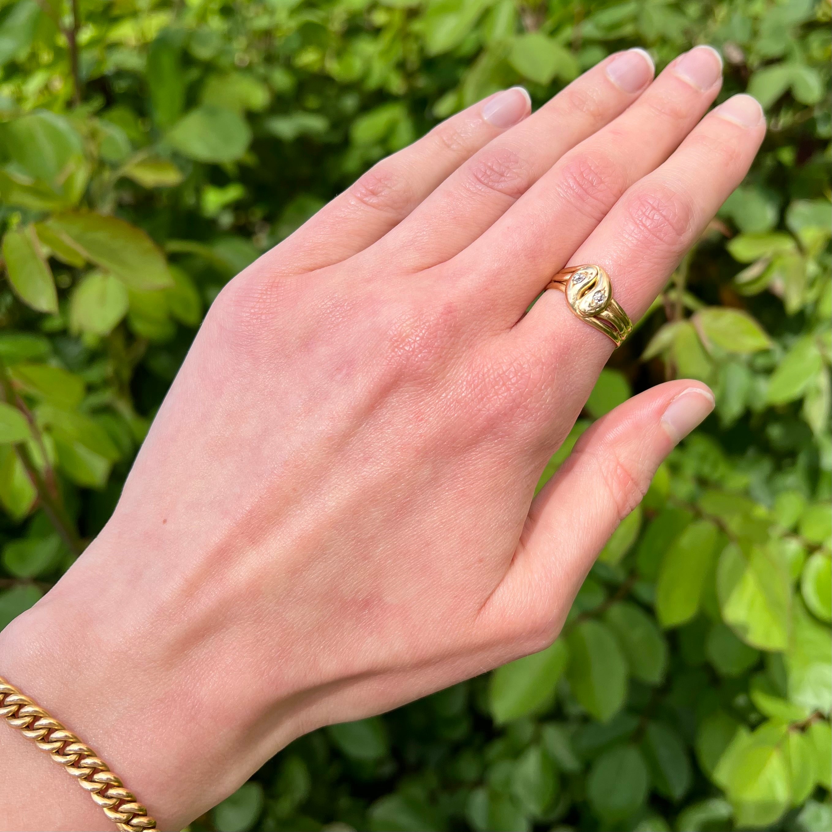Antique English Double Snake Old Mine Cut Diamond 18k Gold Ring