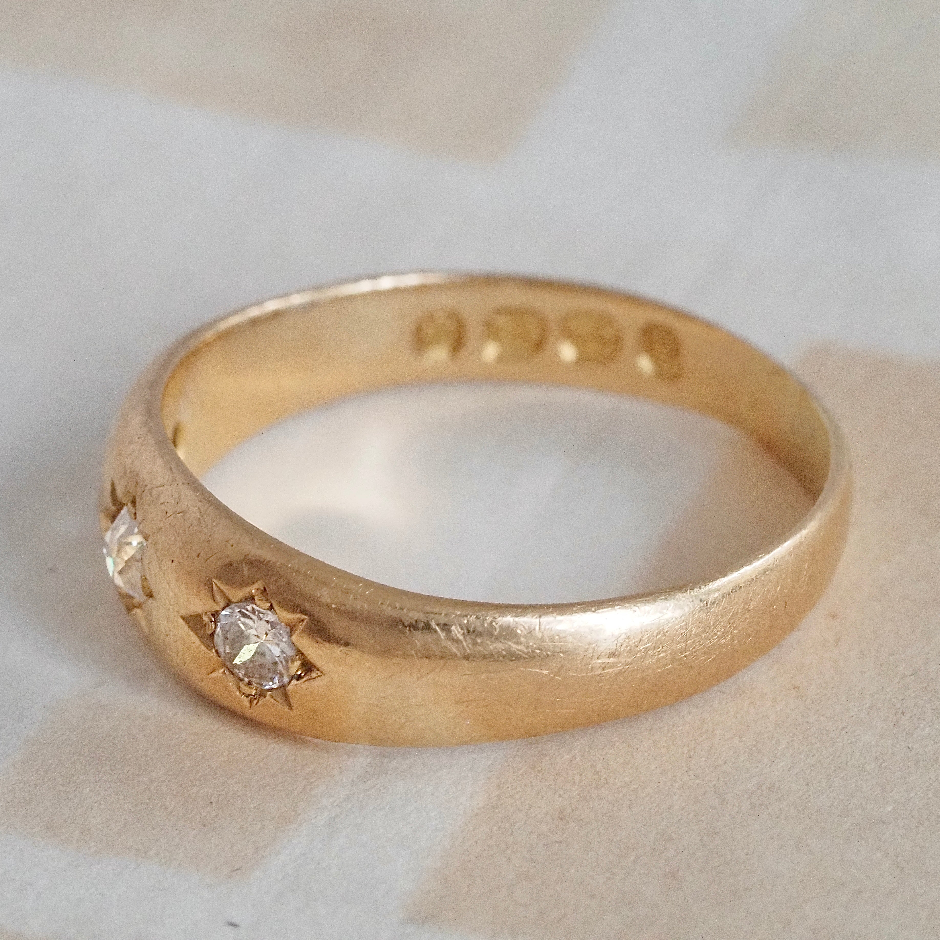 Antique c. 1890 English 18k Gold Old Mine & Old European Cut Diamond Flush Set Trilogy Ring