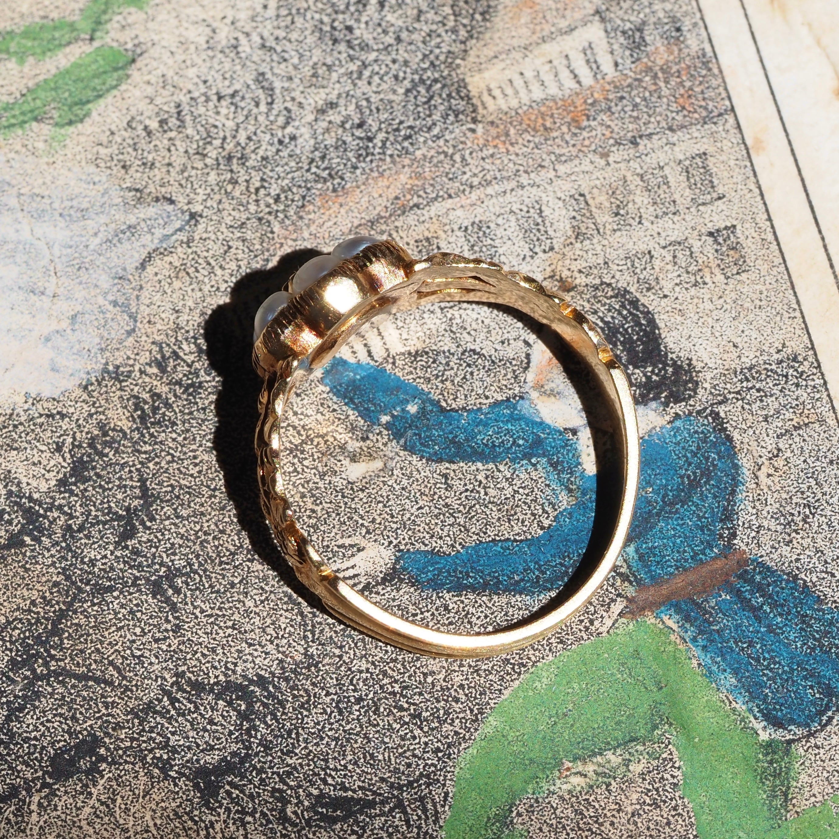 Antique Georgian Seed Pearl and Green Paste Flower Engraved Mourning Ring