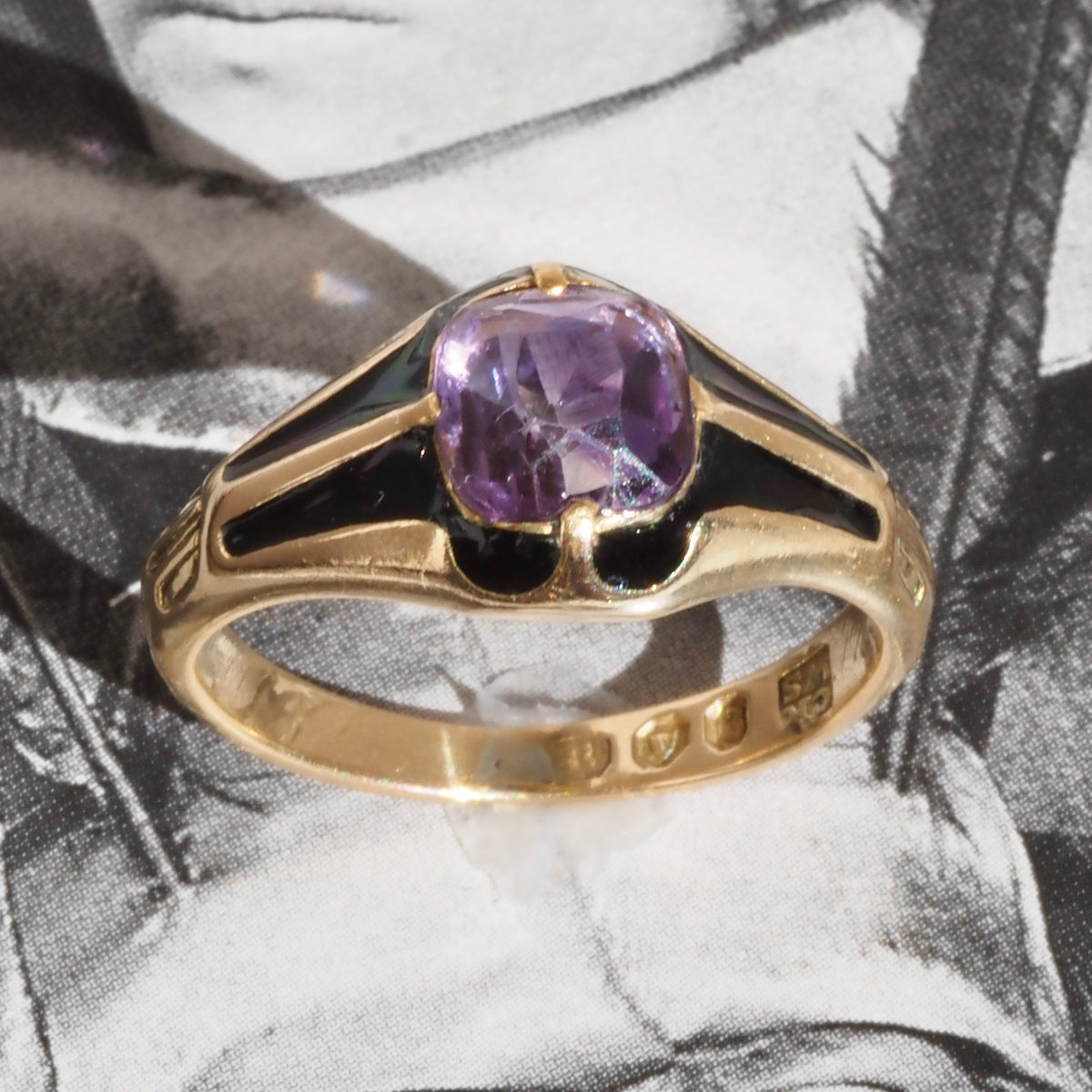 Antique c. 1844-45 Victorian English Amethyst and Black Enamel 14k Gold Ring